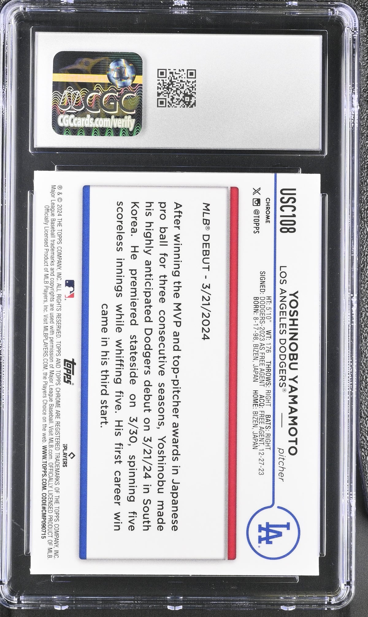 2024 Topps Chrome Update Yoshinobu Yamamoto X-Fractor Rookie #USC108 CGC 10