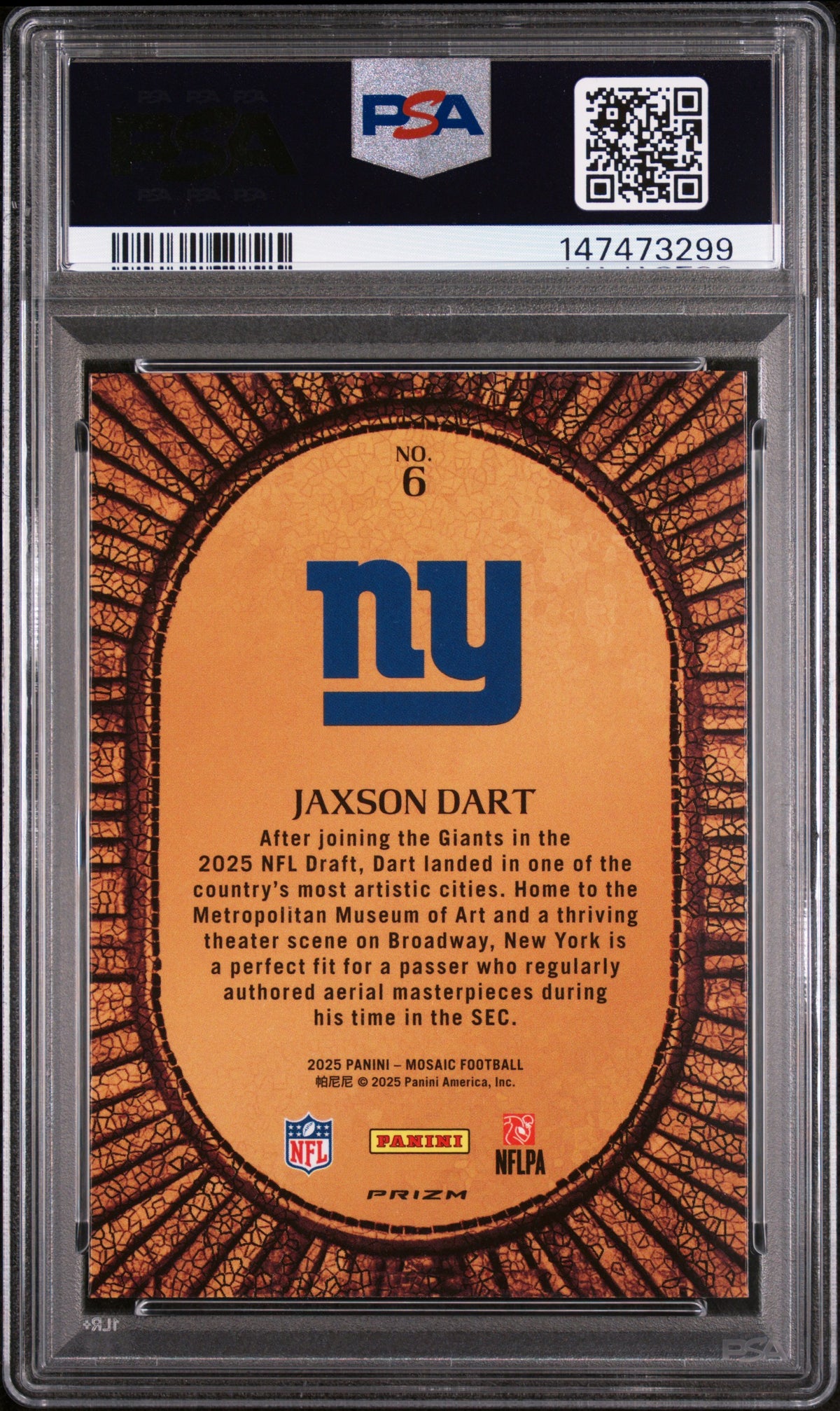 2025 Panini Mosaic Micro Mosaic Jaxson Dart Rookie #6 PSA 9 New York Giants