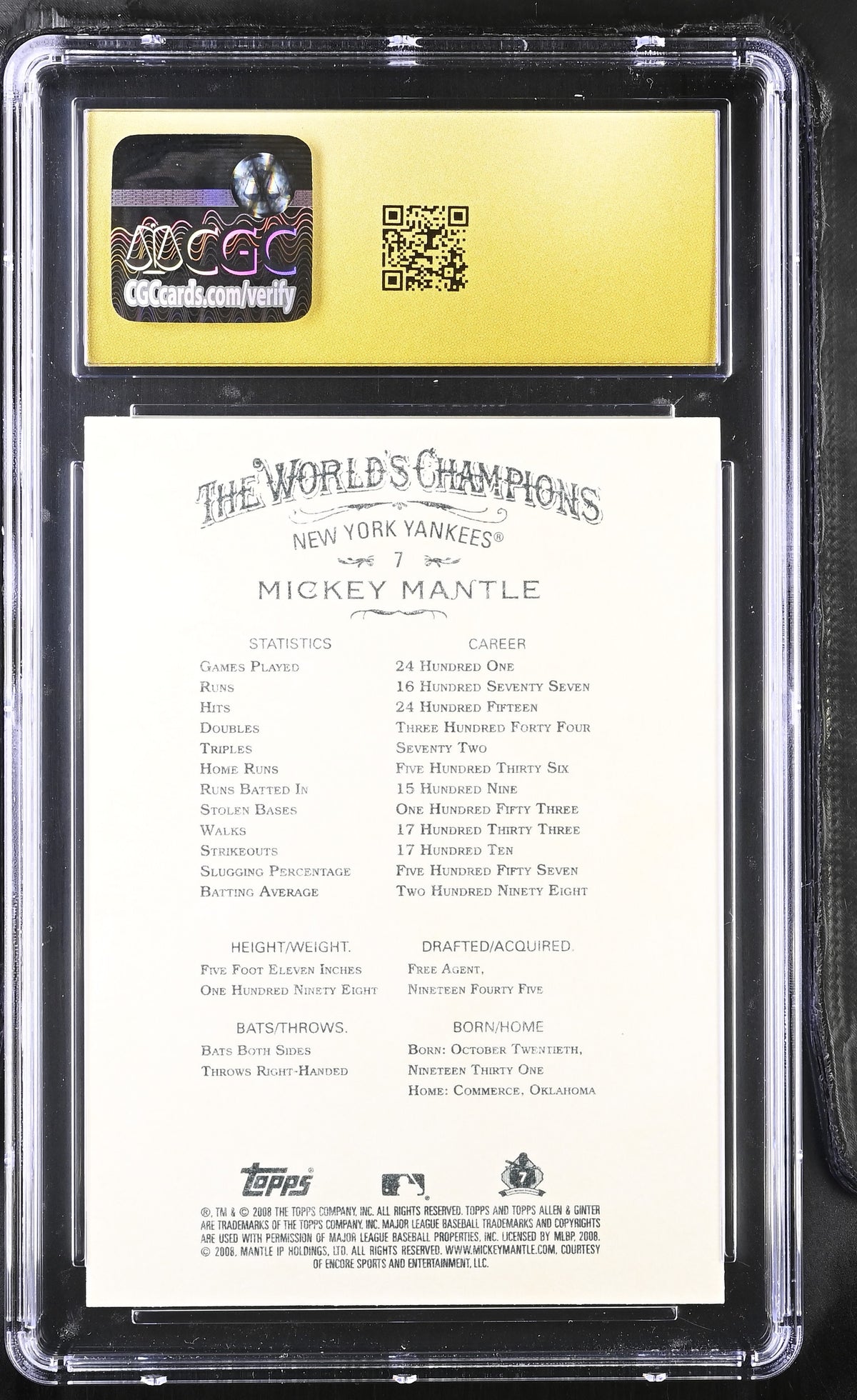 2008 Topps Allen & Ginter Mickey Mantle #7 CGC 10 Pristine Yankees