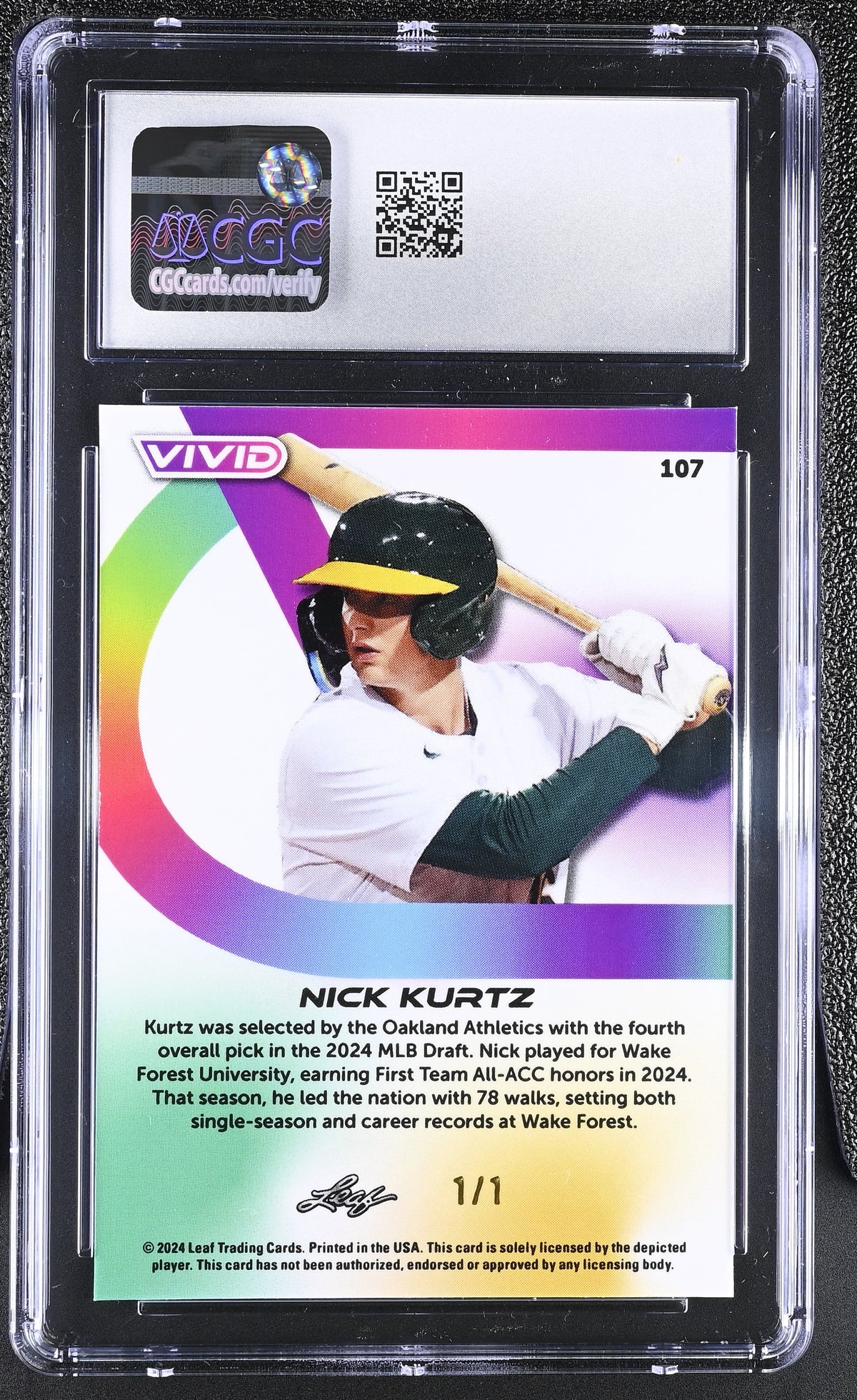 2024 Leaf Vivid Nick Kurtz Orange Laser 1/1 Rookie #107 CGC 10 Oakland Athletics