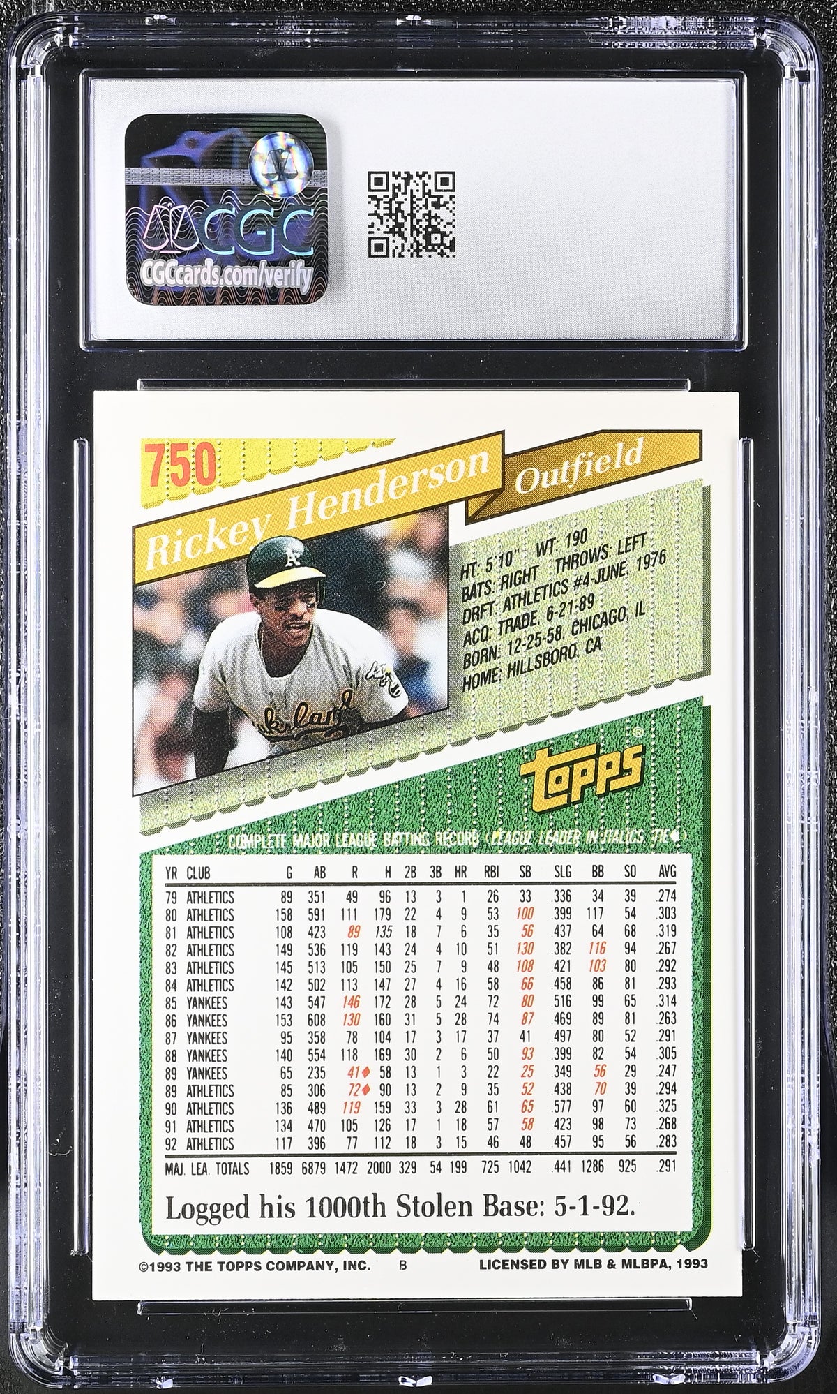 1993 Topps Gold Rickey Henderson #750 CGC 9 Oakland Athletics
