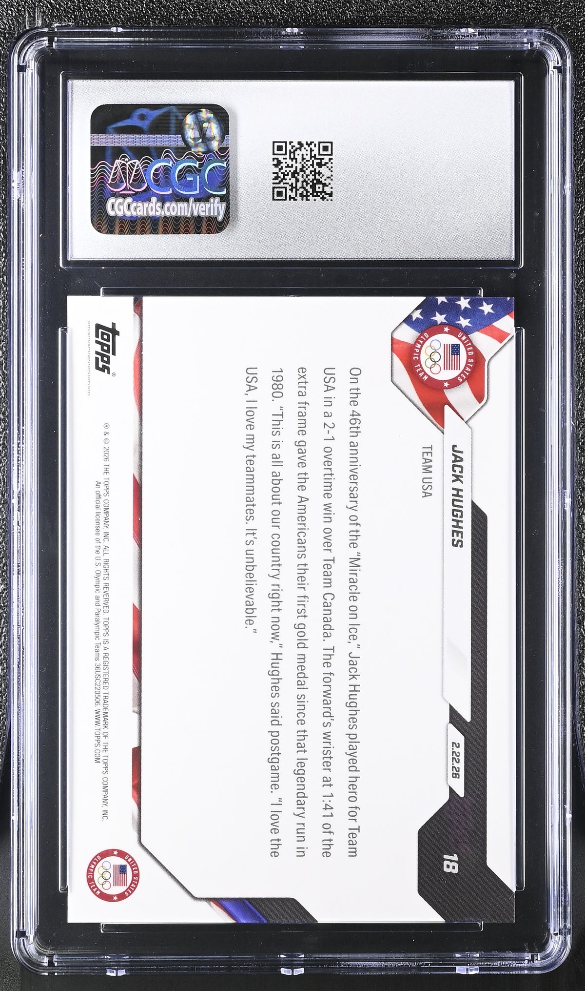 2026 Topps Now Olympics Jack Hughes #18 CGC 10 USA