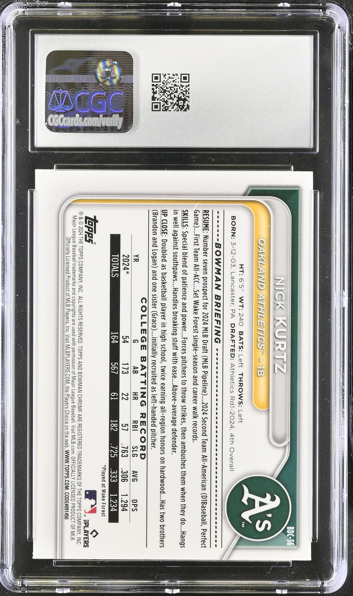 2024 Bowman Draft Nick Kurtz Rookie Chrome #BDC-56 CGC 9.5 Oakland Athletics