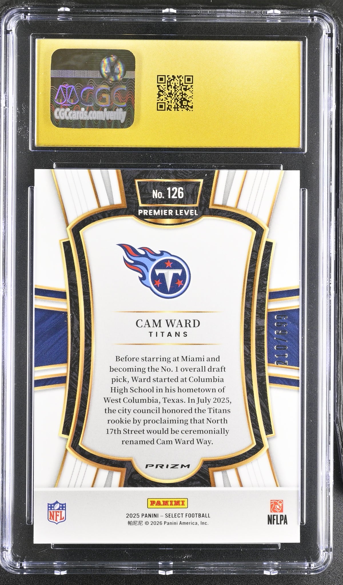 2025 Panini Select Cam Ward Purple Shock /699 Rookie #126 CGC 10 Pristine Titans