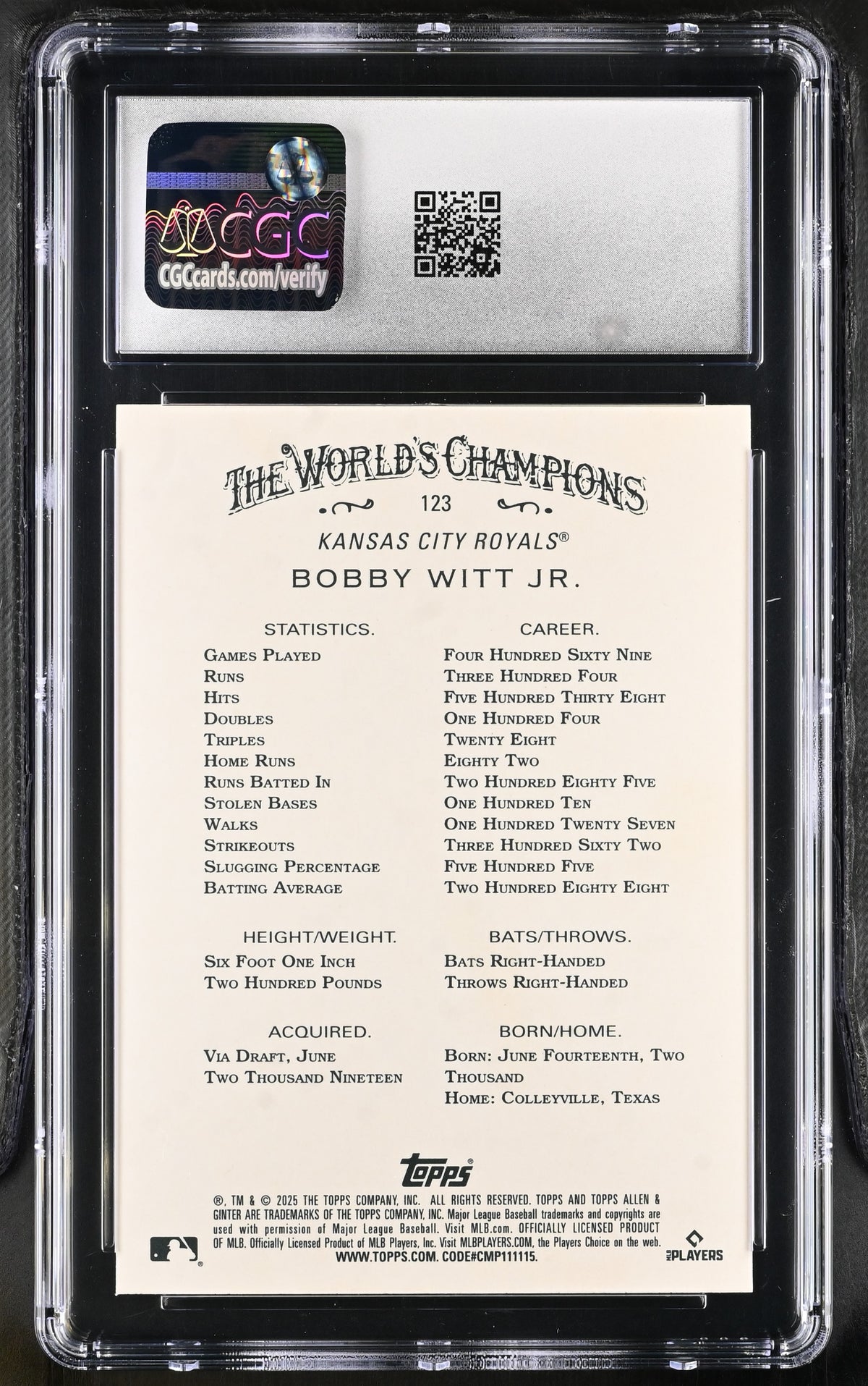 2025 Topps Allen & Ginter Bobby Witt Jr. Silver Portrait #123 CGC 9.5 Royals