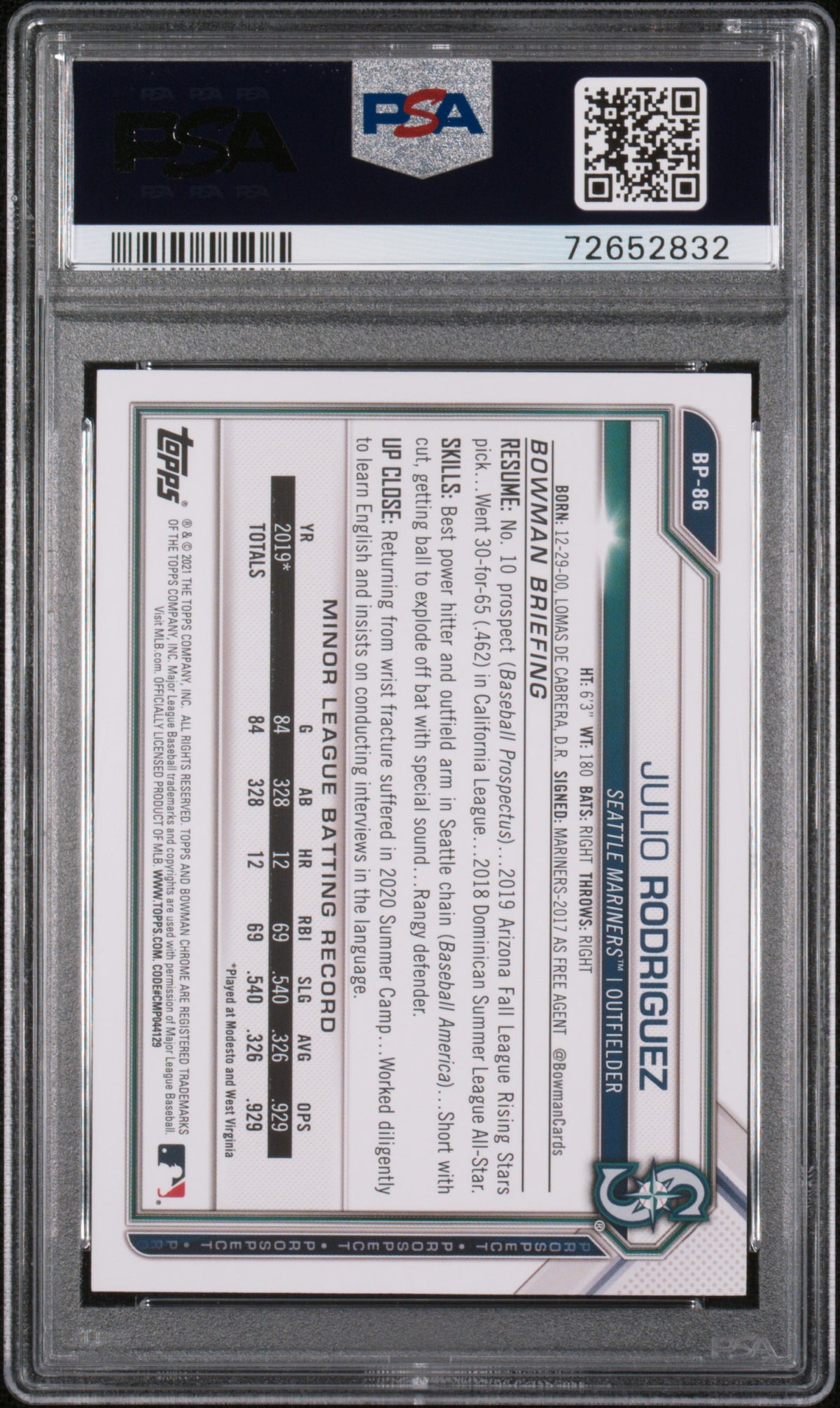 2021 Bowman Paper Prospects Julio Rodriguez Green /99 Rookie BP86 PSA 9 Mariners