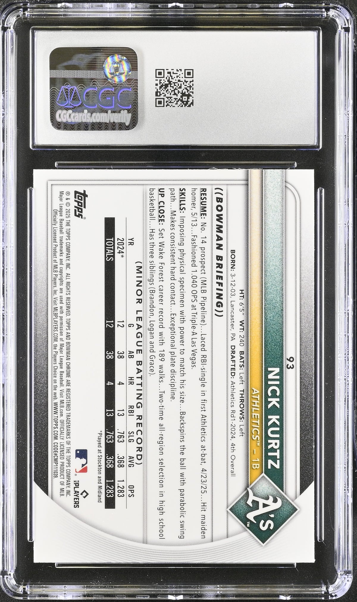2025 Bowman Chrome Mega Box Nick Kurtz Rookie #93 CGC 10 Oakland Athletics