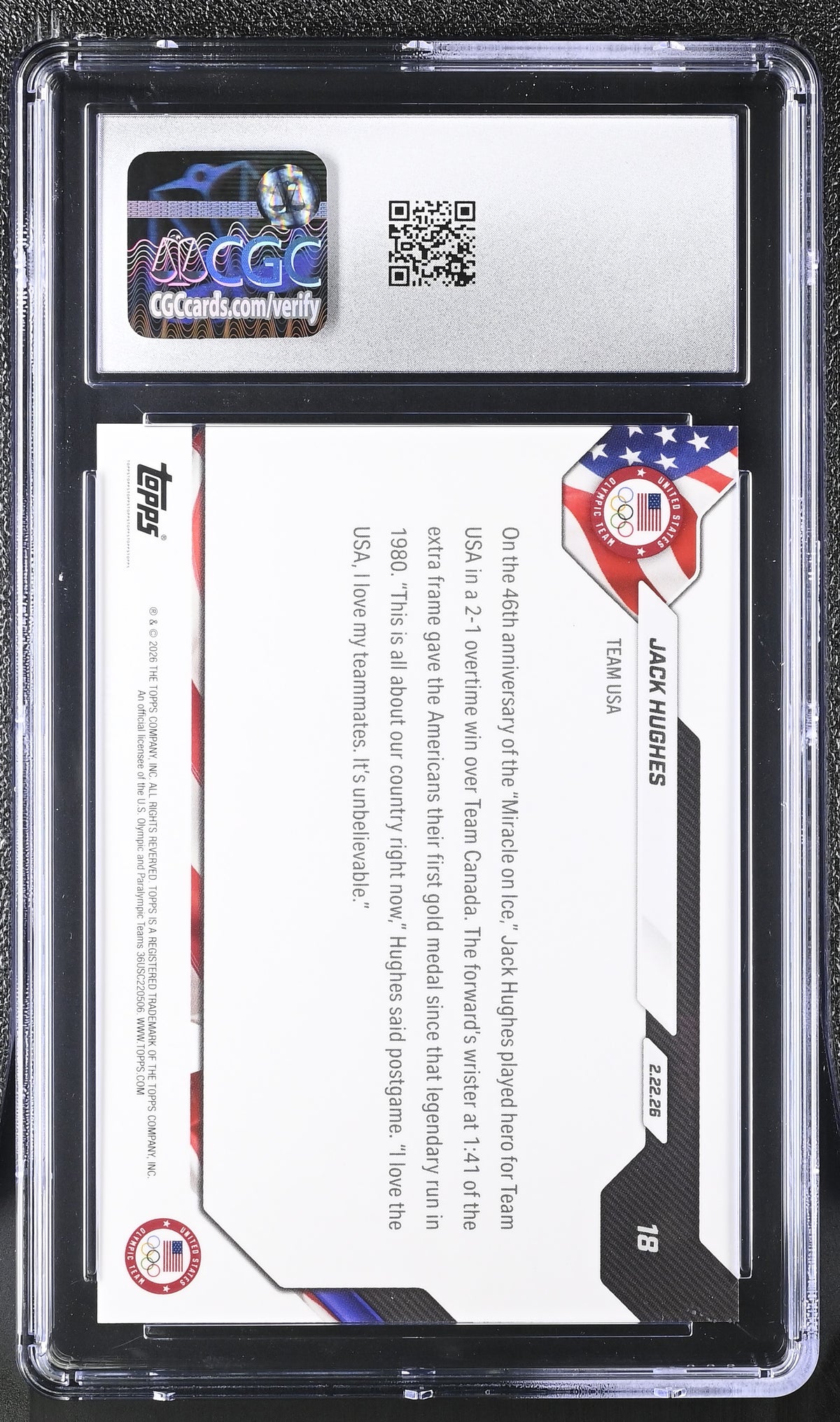 2026 Topps Now Olympics Jack Hughes #18 CGC 10 USA