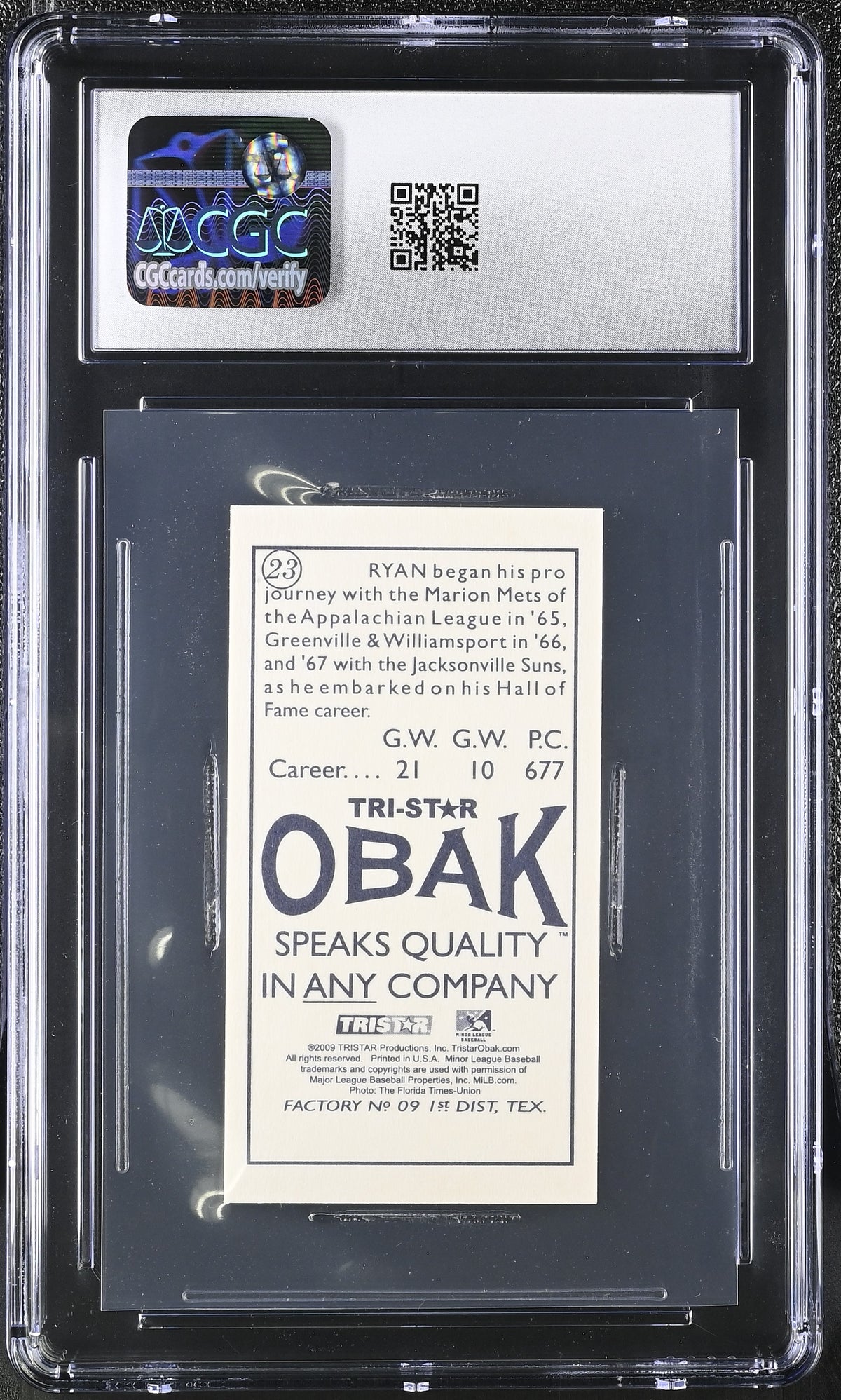 2009 Tristar Obak Nolan Ryan -1910 Back/Circle Around Mini T212 #23 CGC 9.5 Suns