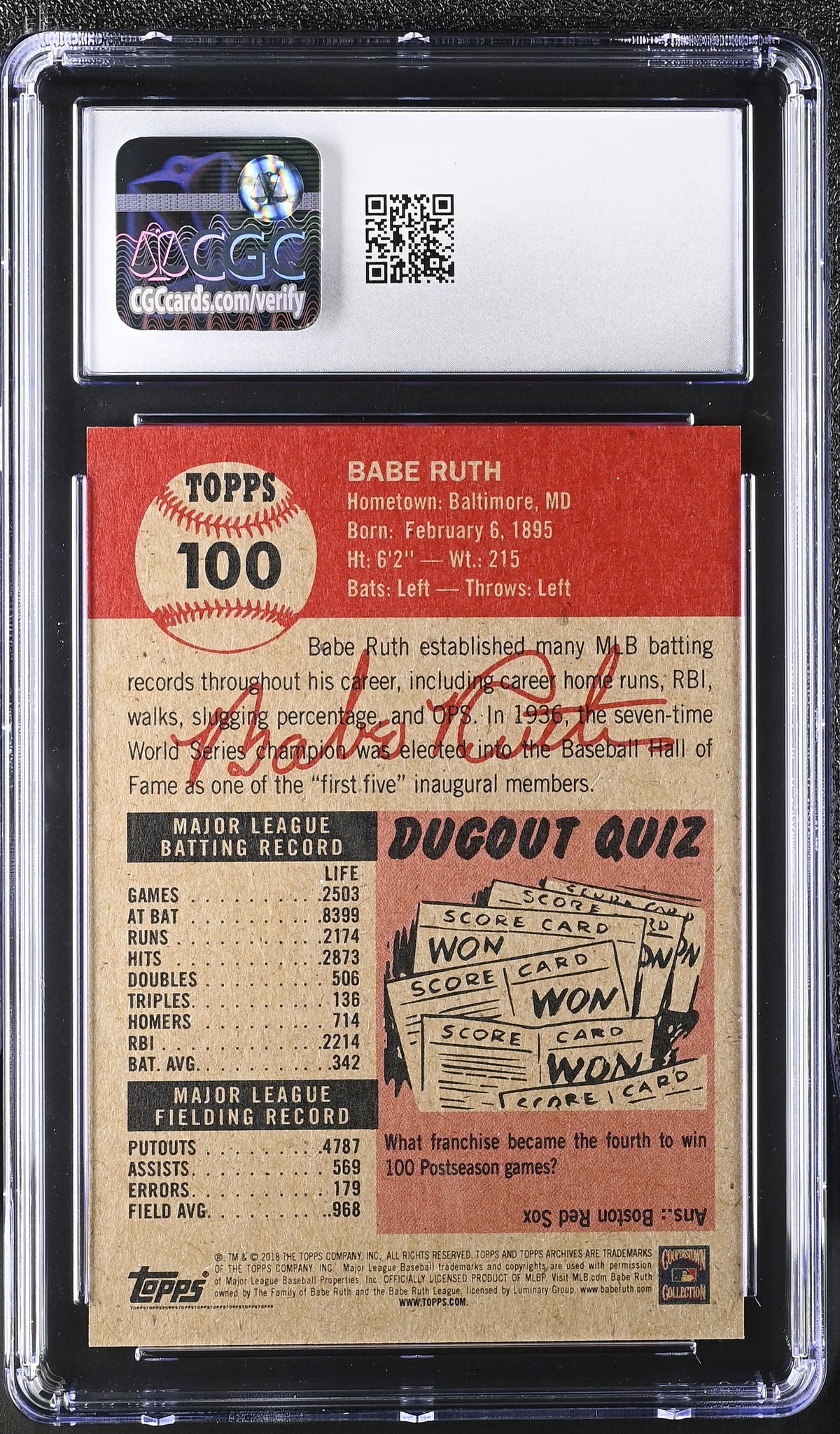 2018 Topps Living Set Babe Ruth #100 CGC 9.5 New York Yankees