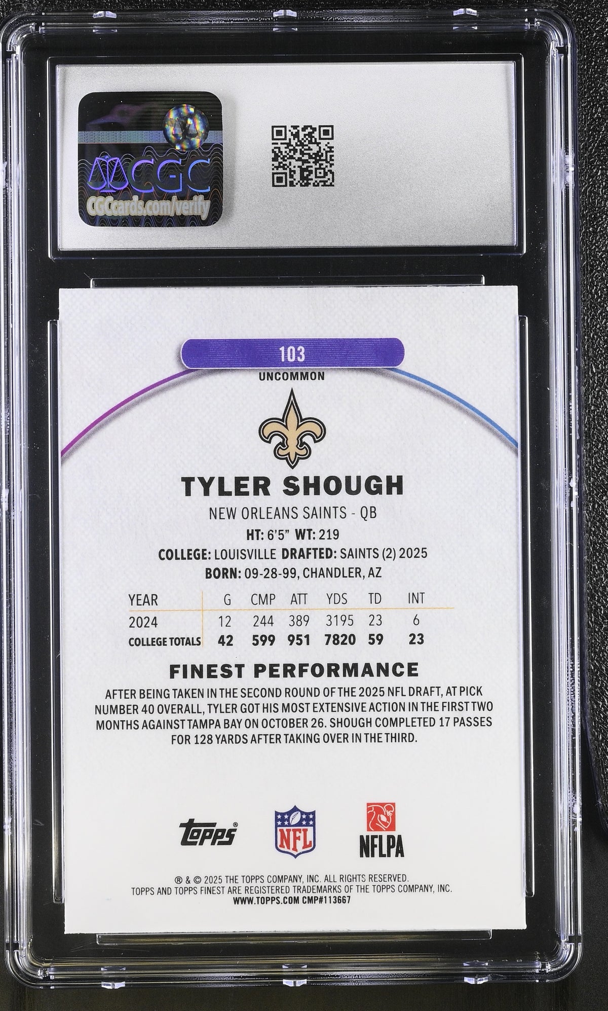 2025 Topps Finest Tyler Shough Sky Blue Refractor /250 Rookie #103 CGC 9 Saints