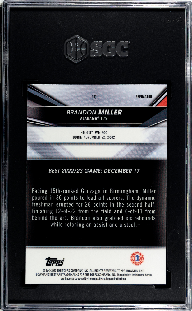2022 Bowman University Best Brandon Miller #10 Refractor SGC 9.5