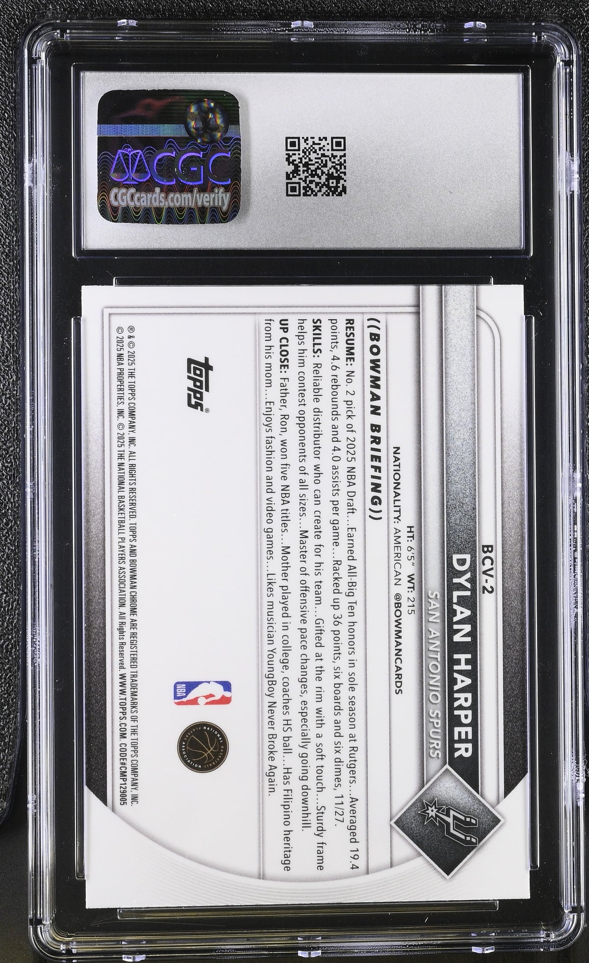 2025-26 Bowman Dylan Harper Rookie Chrome #BCV-2 CGC 9.5 San Antonio Spurs