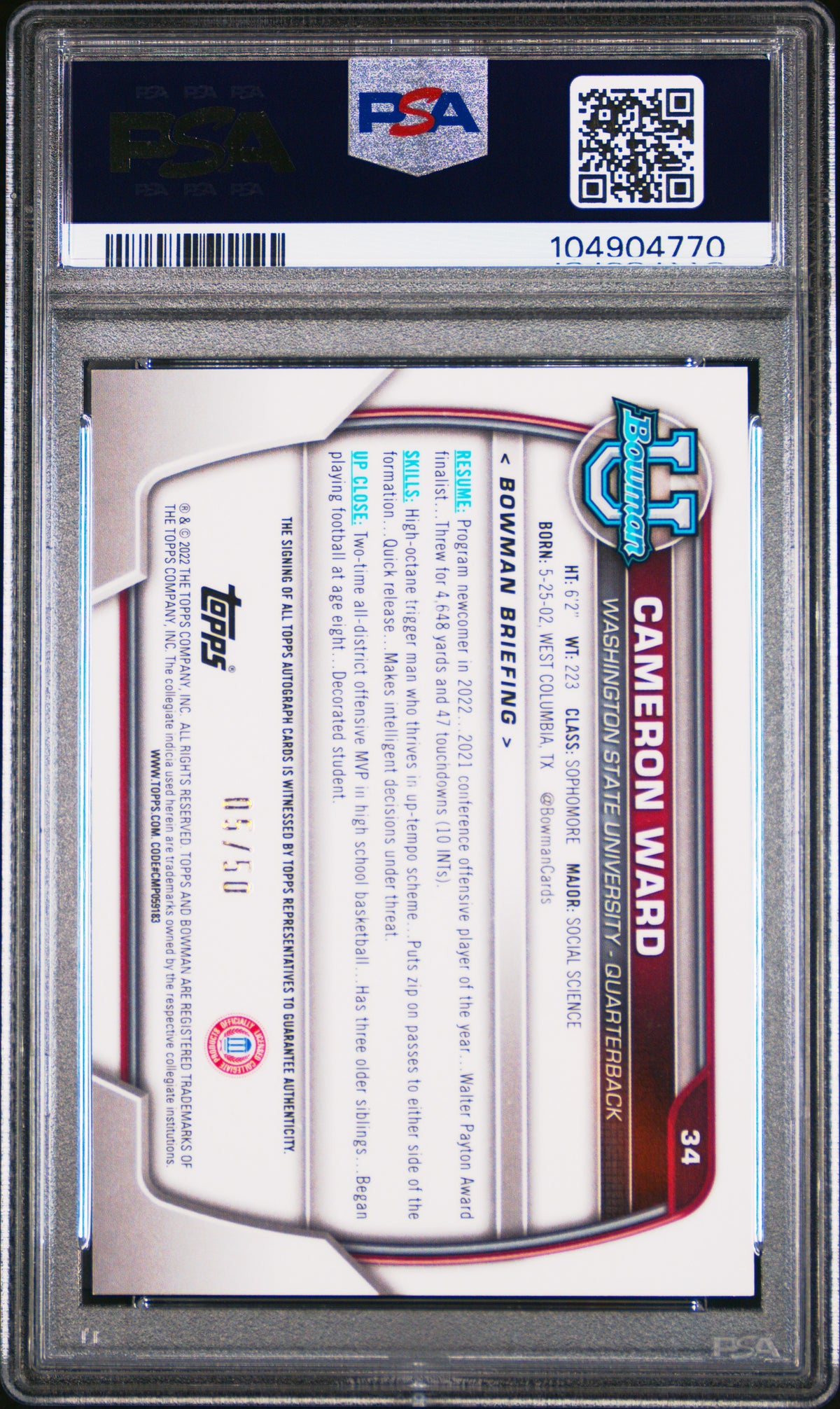 2022 Bowman University Chrome Cameron Ward Auto autograph Gold Lava /50 PSA 10