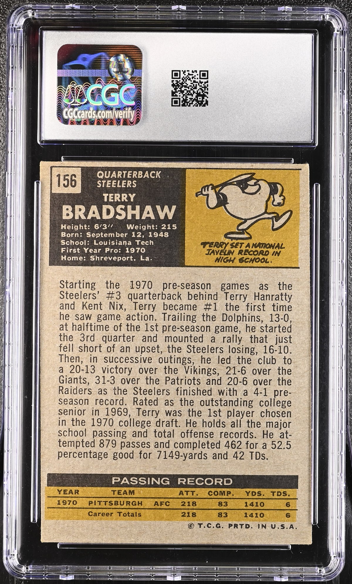1971 Topps Terry Bradshaw #156 CGC 3.5 Pittsburgh Steelers