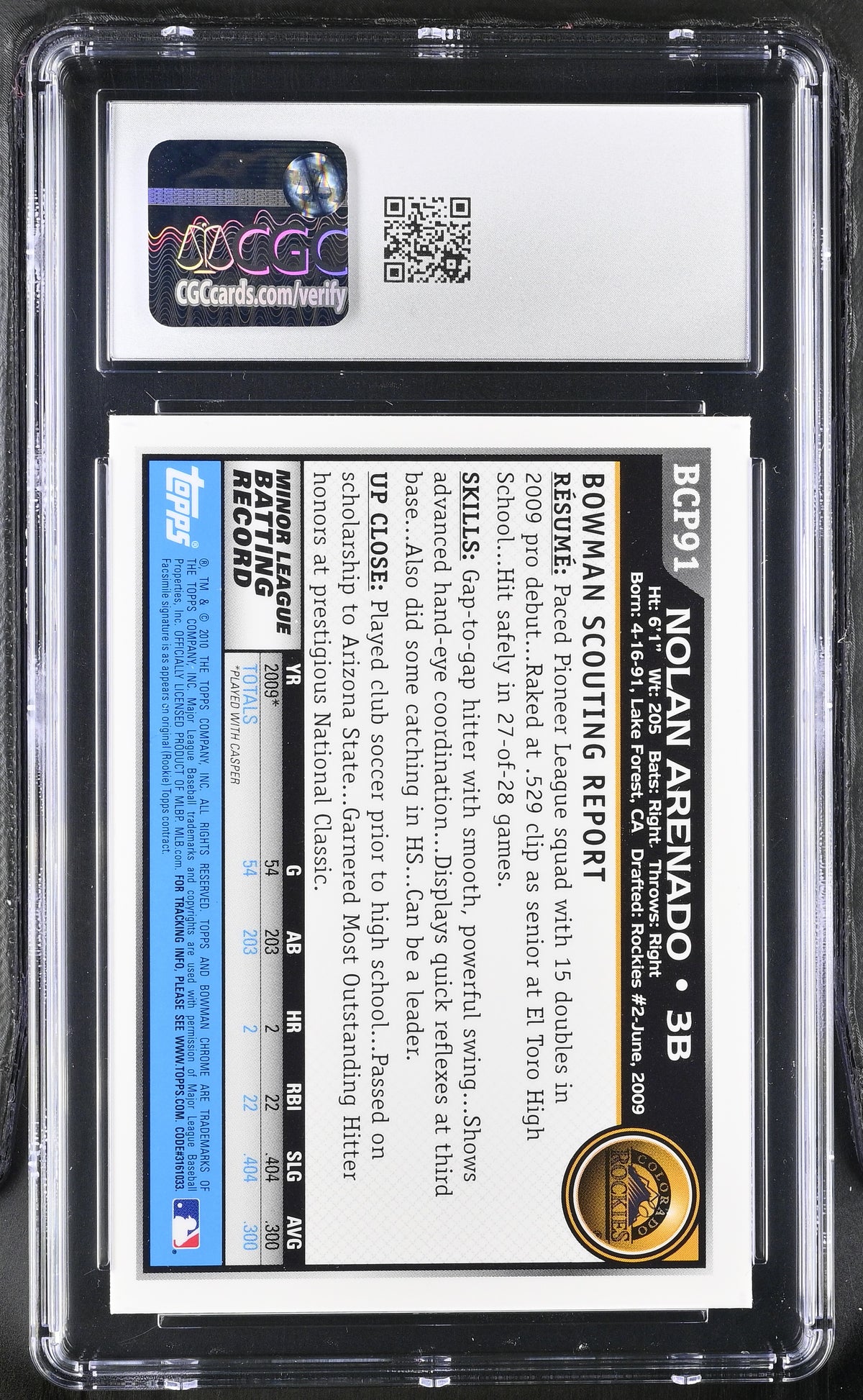 2010 Bowman Chrome Nolan Arenado Rookie Prospects #BCP91 CGC 10 Colorado Rockies