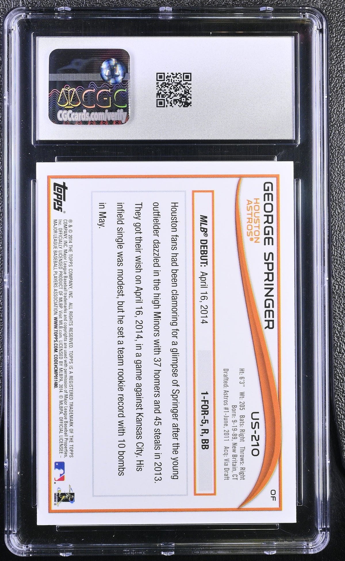 2014 Topps Update George Springer Rookie #US-210 CGC 10 Houston Astros