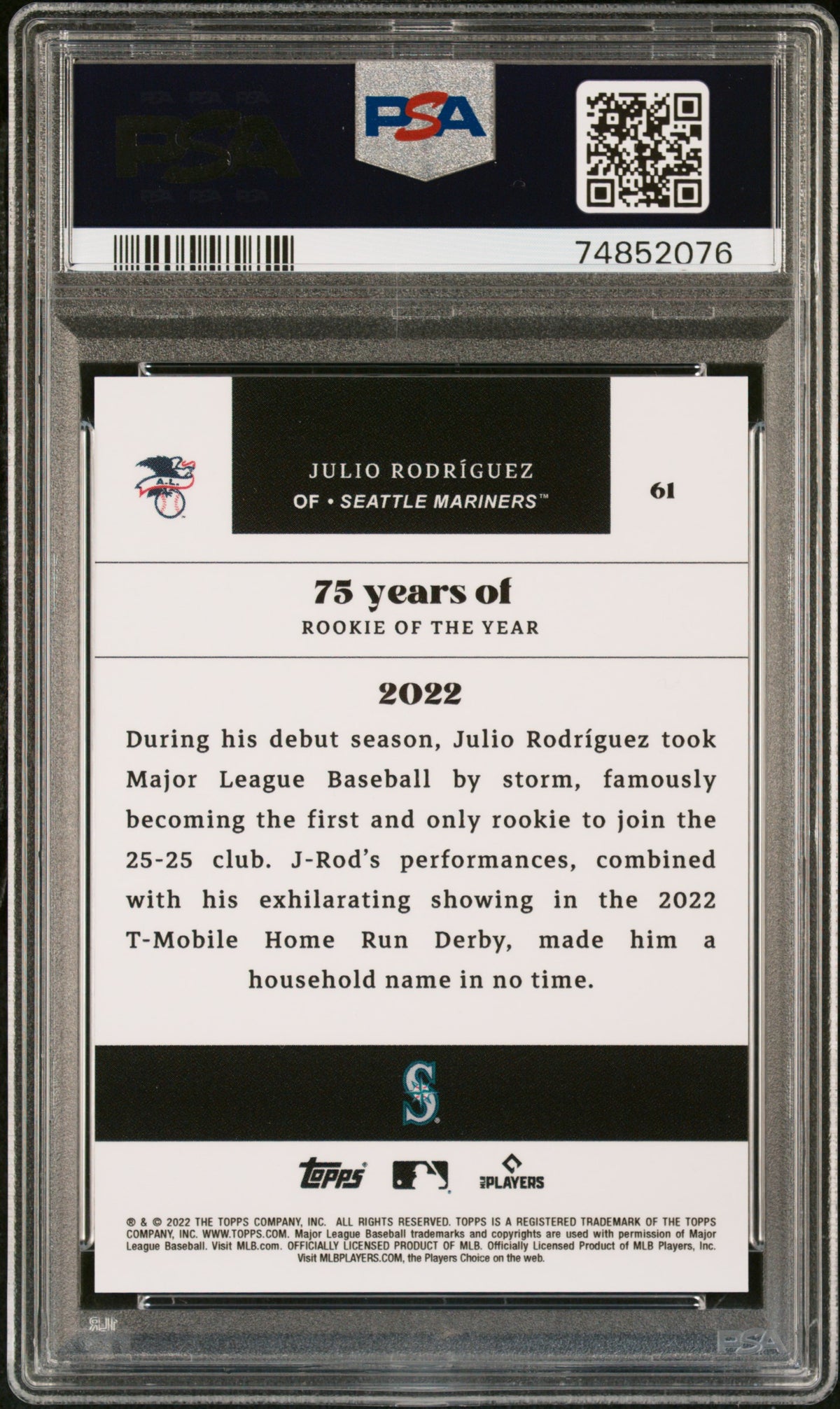 2022 Topps Rookie Of The Year 75th Anniversary Julio Rodriguez Rookie #61 PSA 10
