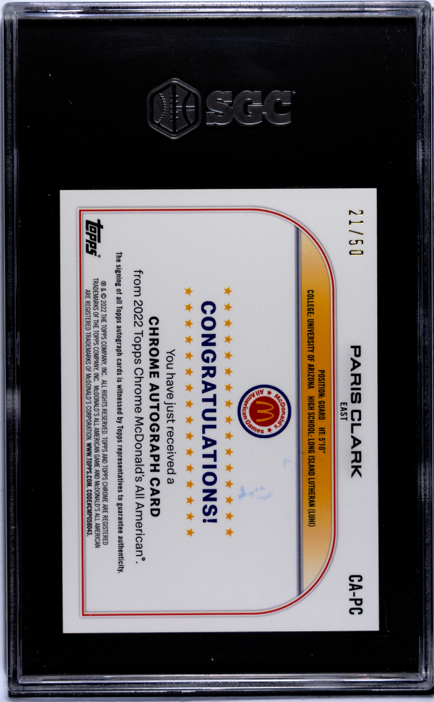 2022 Topps Chrome Mcdonald's Paris Clark AutoGold Wave /50 Rookie #CA-PC SGC 10