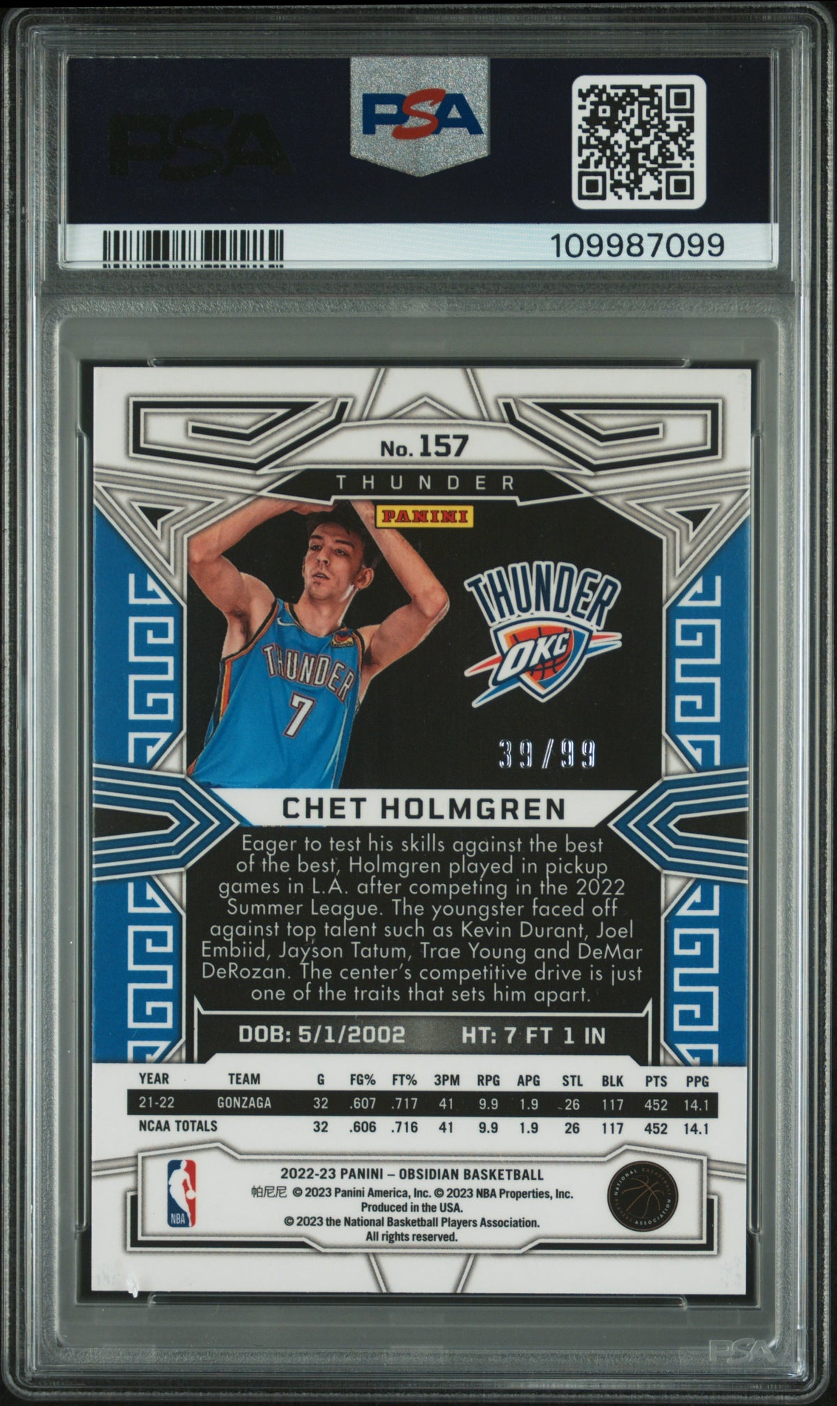 2022 Panini Obsidian Chet Holmgren Electric Purple /99 Rookie #157 PSA 9 Thunder