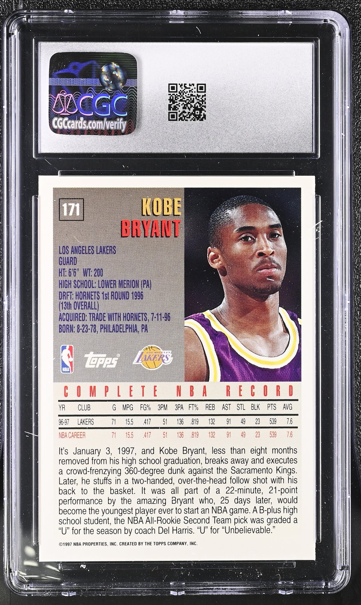 1997-98 Topps Kobe Bryant #171 CGC 9 Los Angeles Lakers