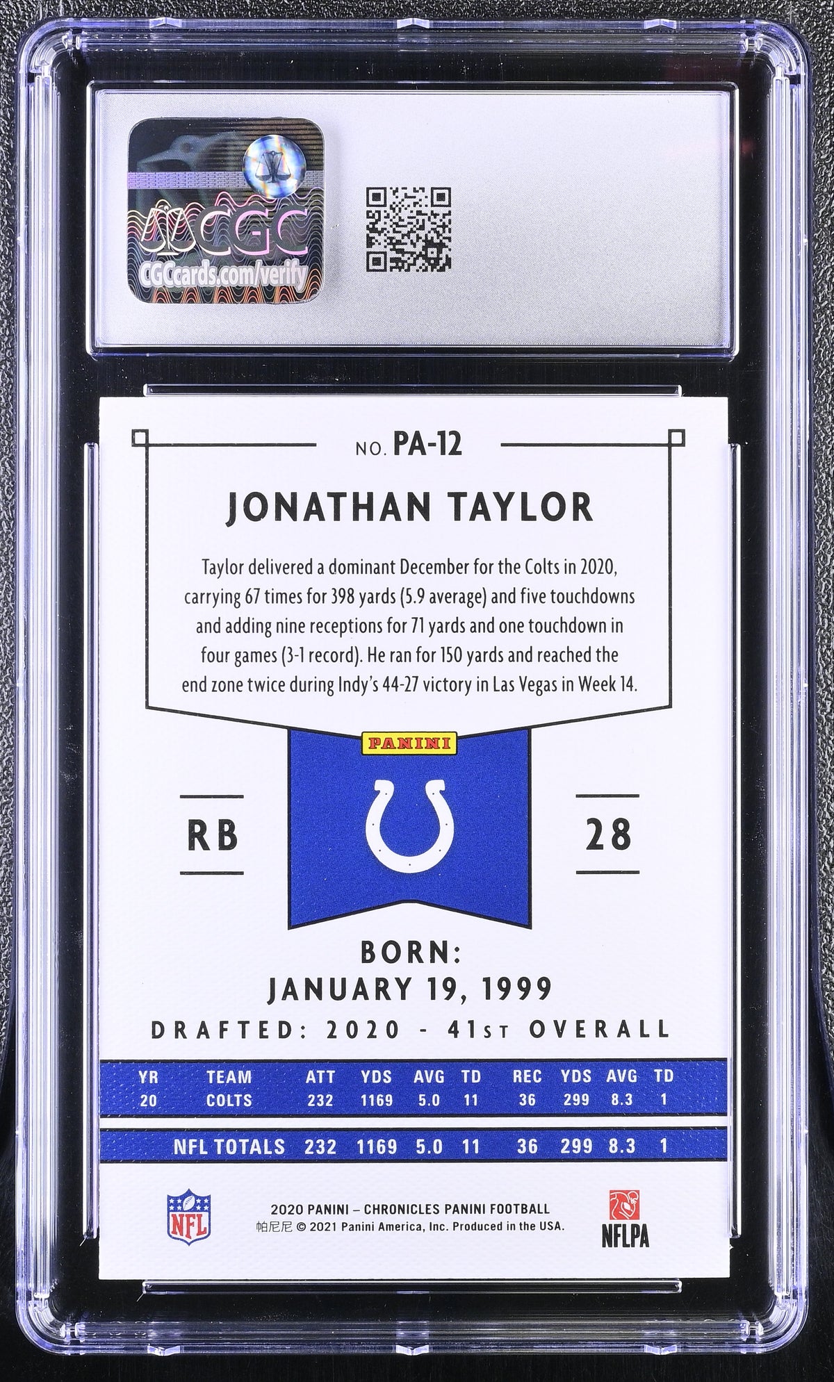 2020 Panini Chronicles Jonathan Taylor Rookie Panini #PA-12 CGC 9.5 Colts