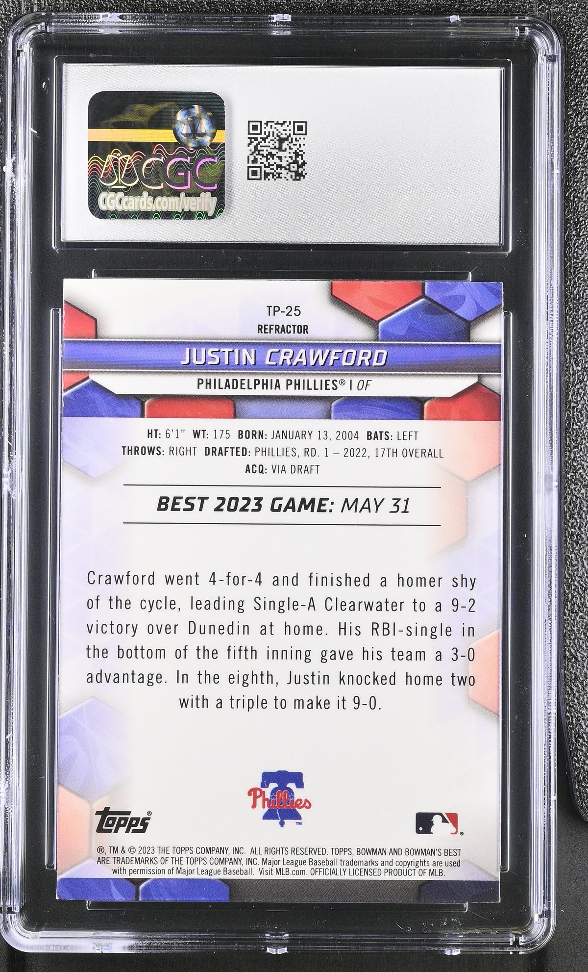 2023 Best Justin Crawford Refractor Rookie Top Prospects #TP-25 CGC 10 Phillies