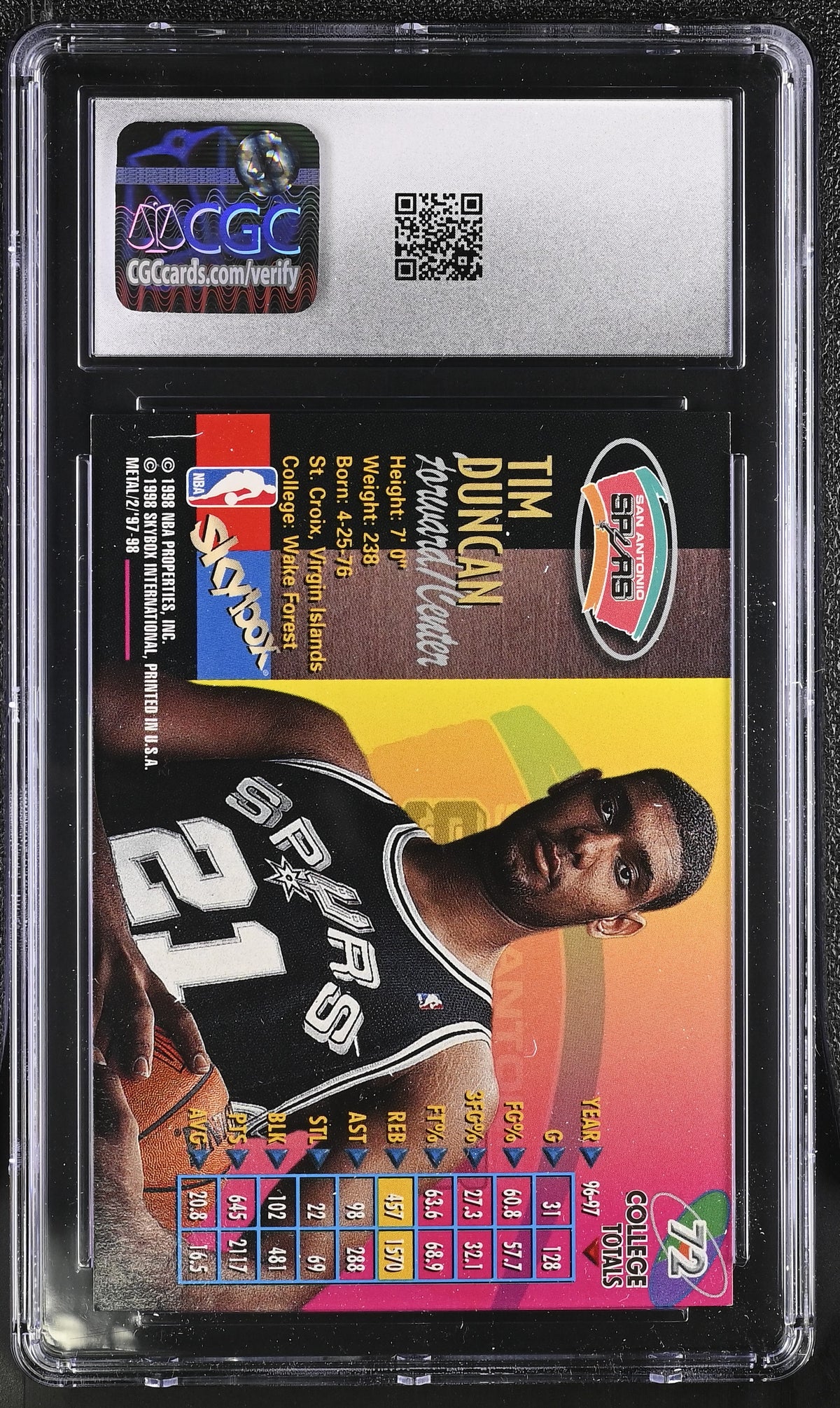 1997-98 Metal Universe Championship Tim Duncan Rookie #72 CGC 9 Spurs