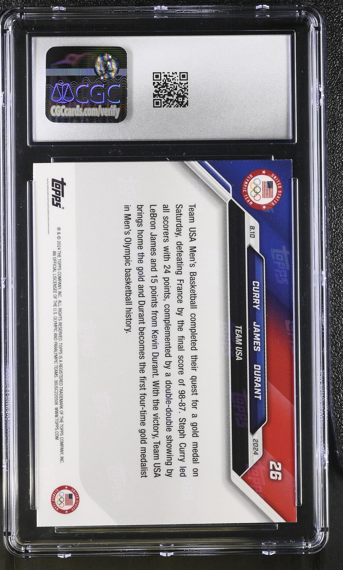 2024 Topps Now Olympic Games Kevin Durant LeBron James Stephen Curry #26 CGC 10