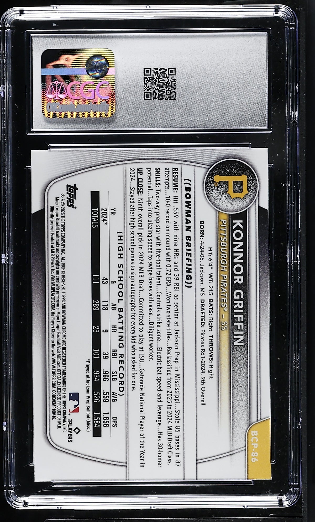 2025 Bowman Konnor Griffin Chrome Prospects #BCP-86 CGC 9.5