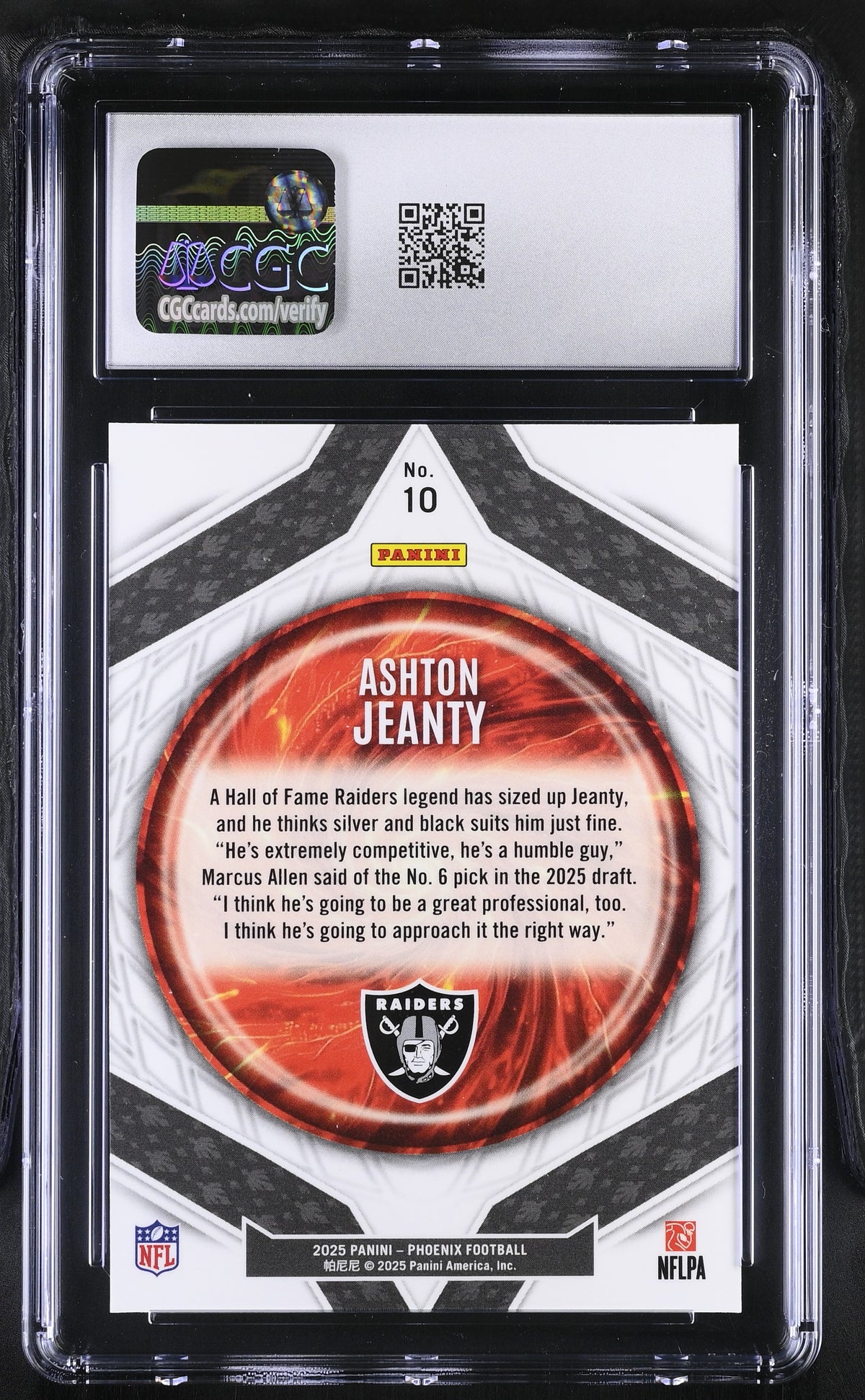 2025 Panini Phoenix Ashton Jeanty Rookie Paragon #10 CGC 9.5 Las Vegas Raiders