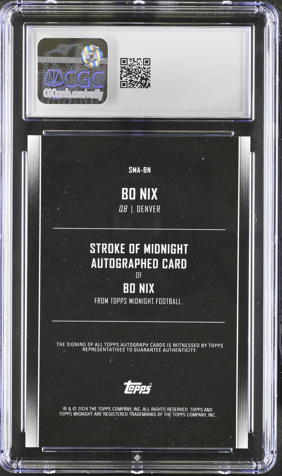 2024 Topps Midnight Bo Nix Rookie Stroke of Midnight Auto #SMA-BN CGC 9 Broncos