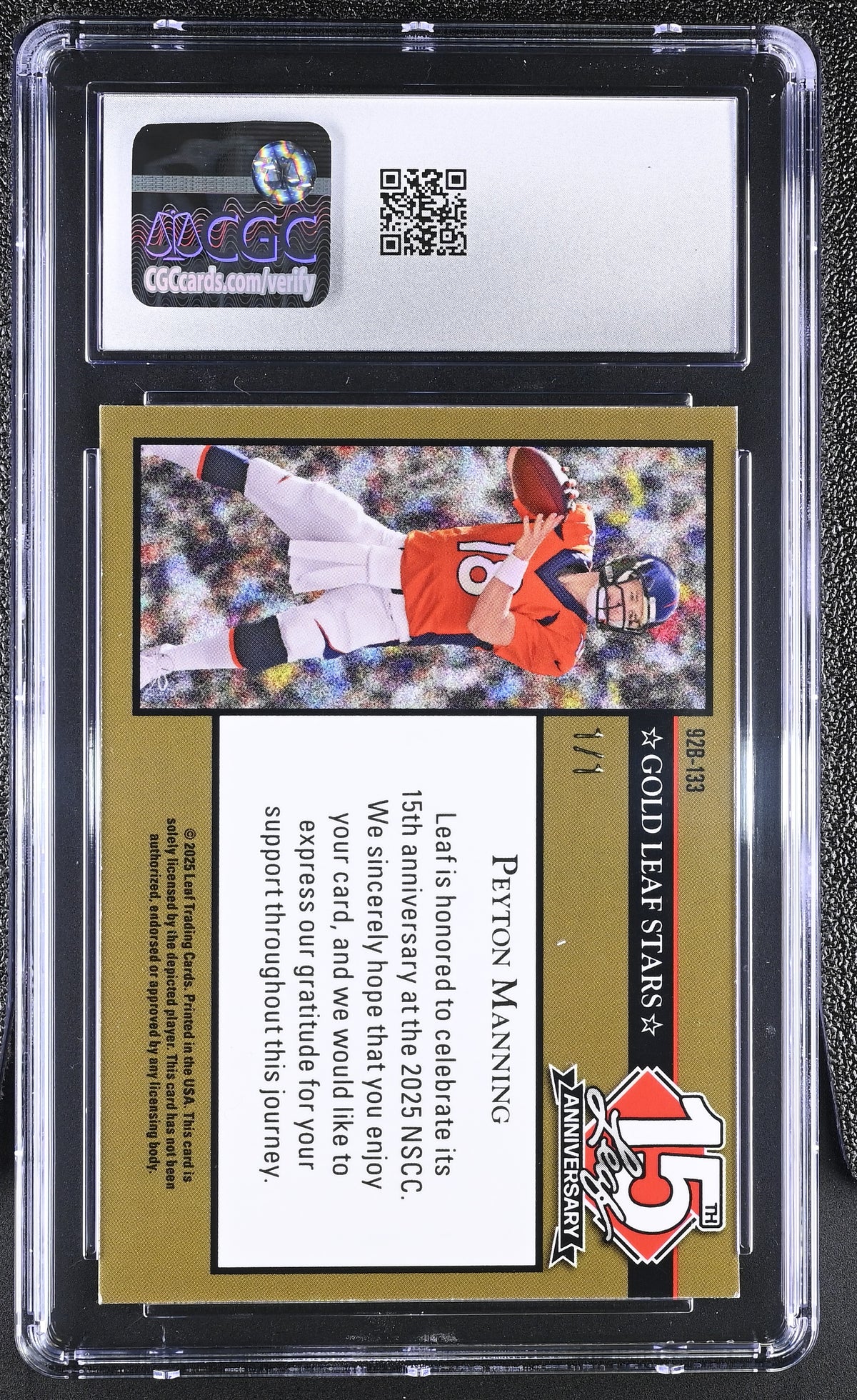 2025 Leaf Anniversary Peyton Manning Red Flood Gold Circles 1/1 CGC 9 Broncos