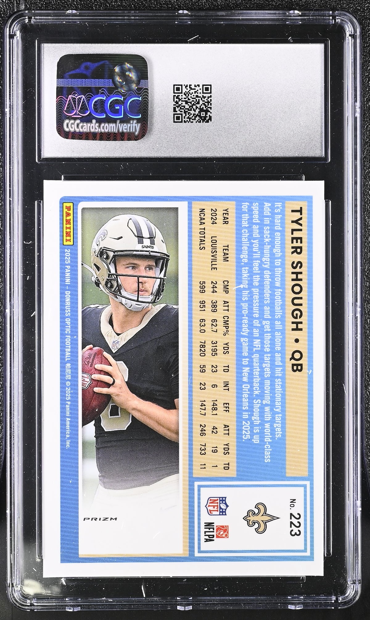 2025 Donruss Optic Tyler Shough Purple Shock Rookie #223 CGC 9 Saints