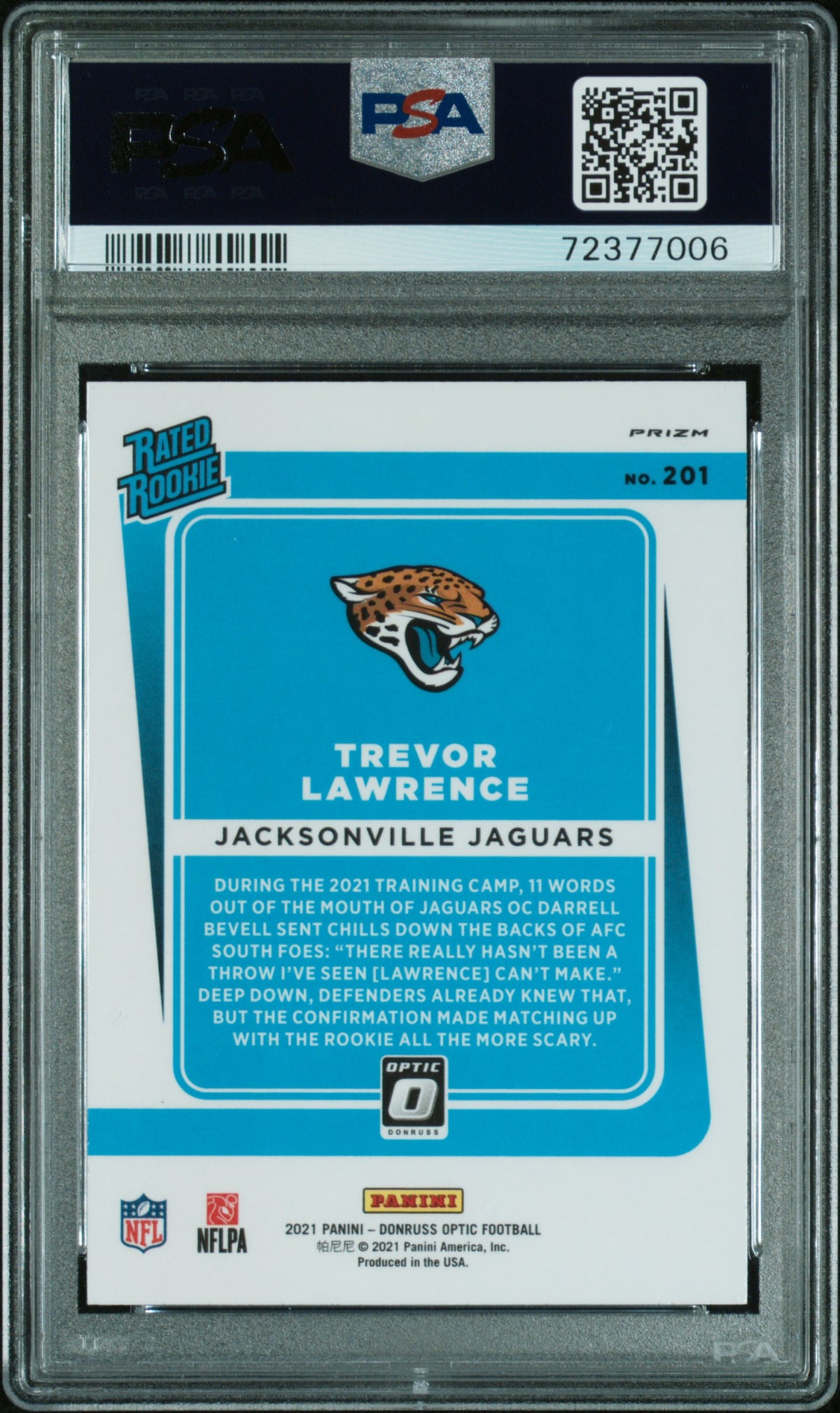 2021 Panini Donruss Optic Trevor Lawrence Purple Shock Rookie #201 PSA 9 Jaguars