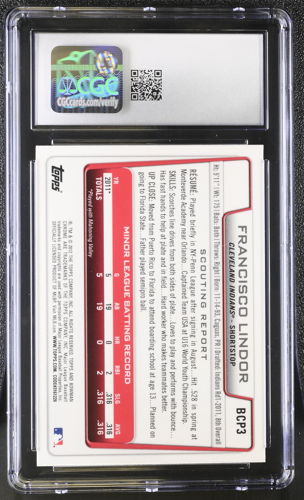 2012 Bowman Francisco Lindor Rookie Chrome Prospects #BCP3 CGC 9 Indians