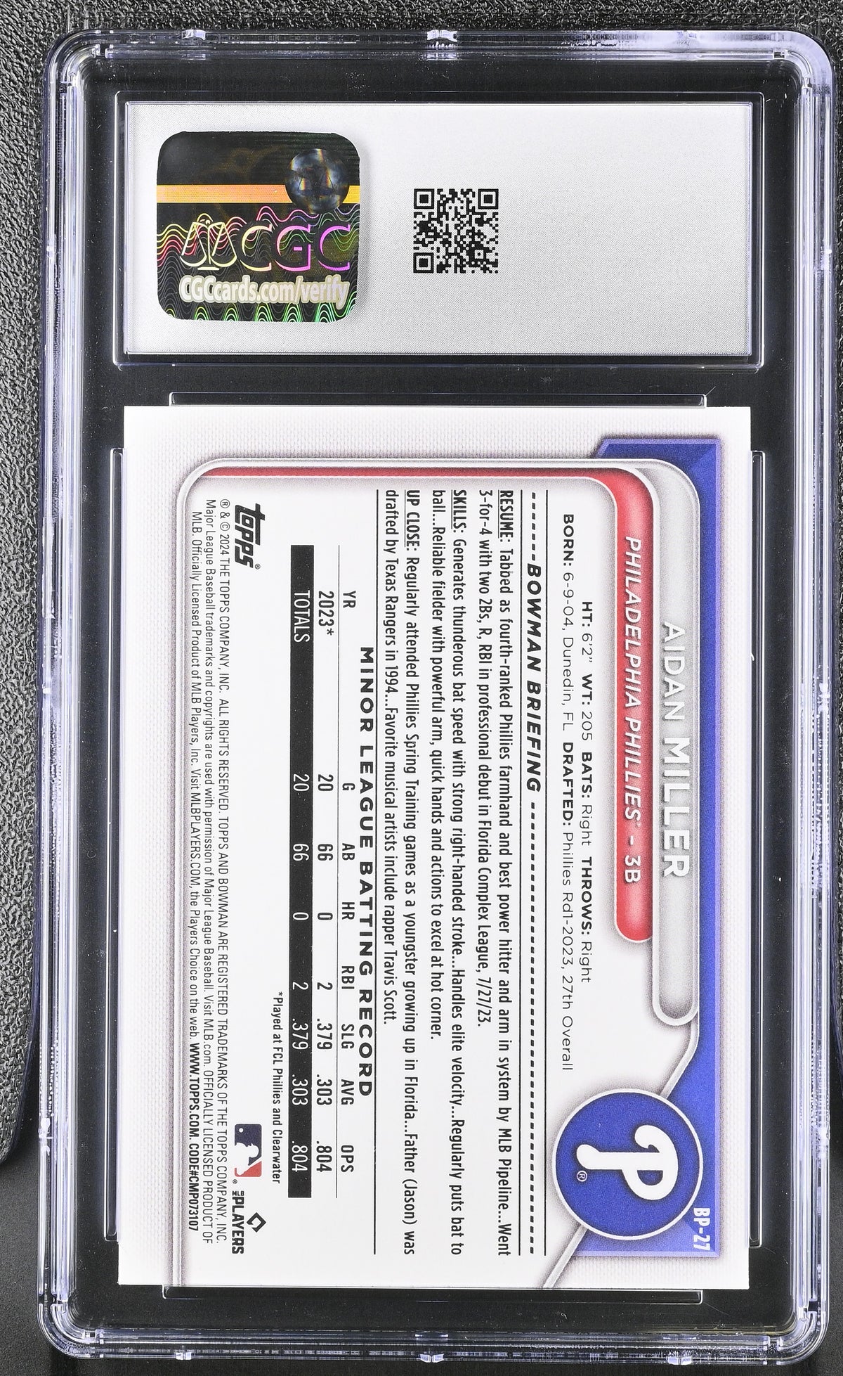 2024 Bowman Aidan Miller #BP-27 Prospects CGC 10