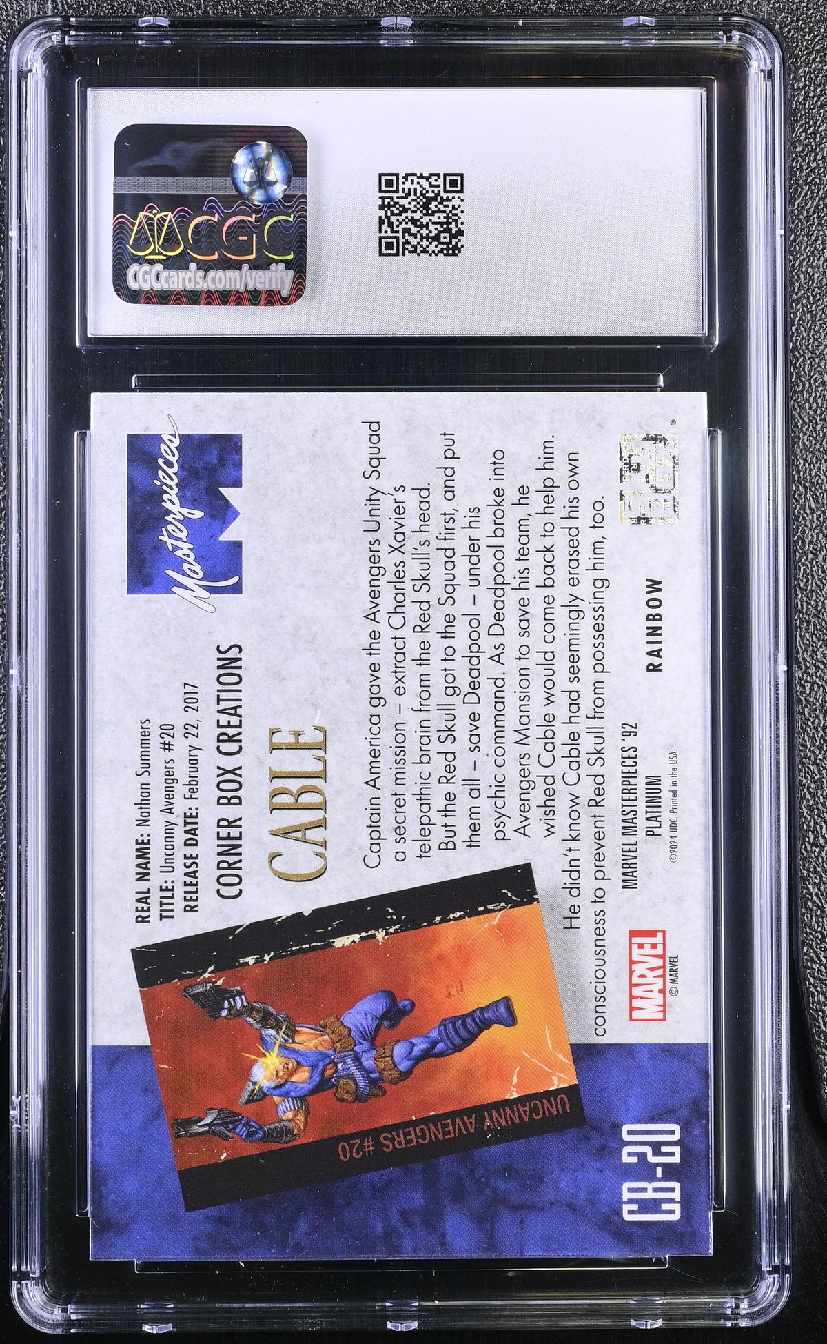 2024 Marvel Masterpieces '92 Cable #CB-20 Corner Box Creations Rainbow CGC 10