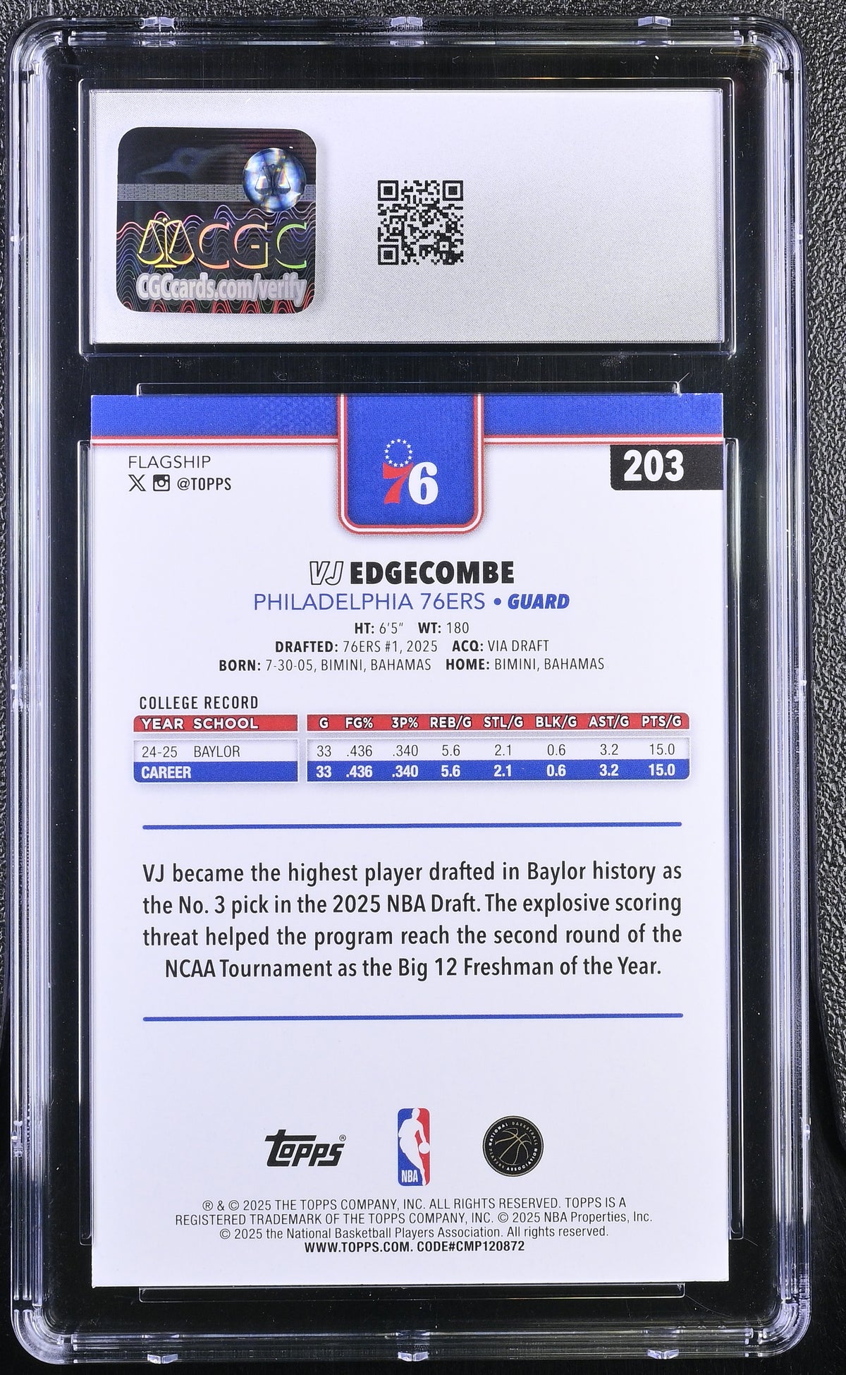 2025-26 Topps VJ Edgecombe Rookie #203 CGC 10 Philadelphia 76ers