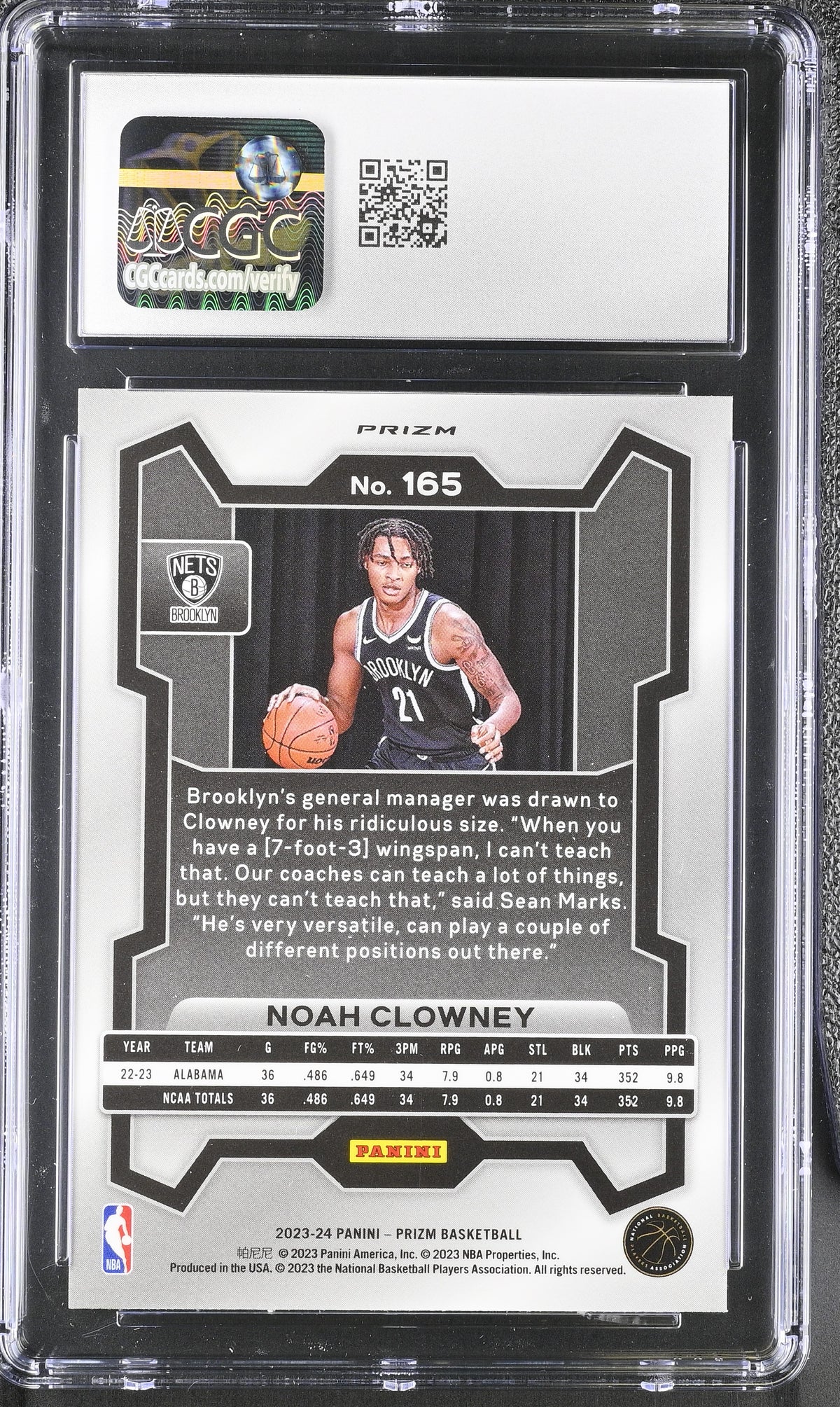 2023-24 Panini Prizm Noah Clowney Silver Rookie #165 CGC 10 Brooklyn Nets