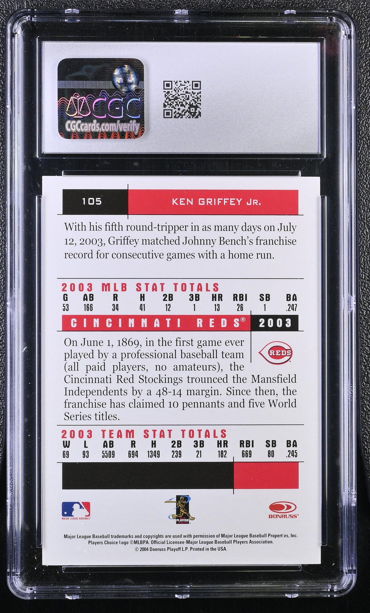 2004 Donruss Team Heroes Ken Griffey Jr. #105 CGC 9.5 Cincinnati Reds