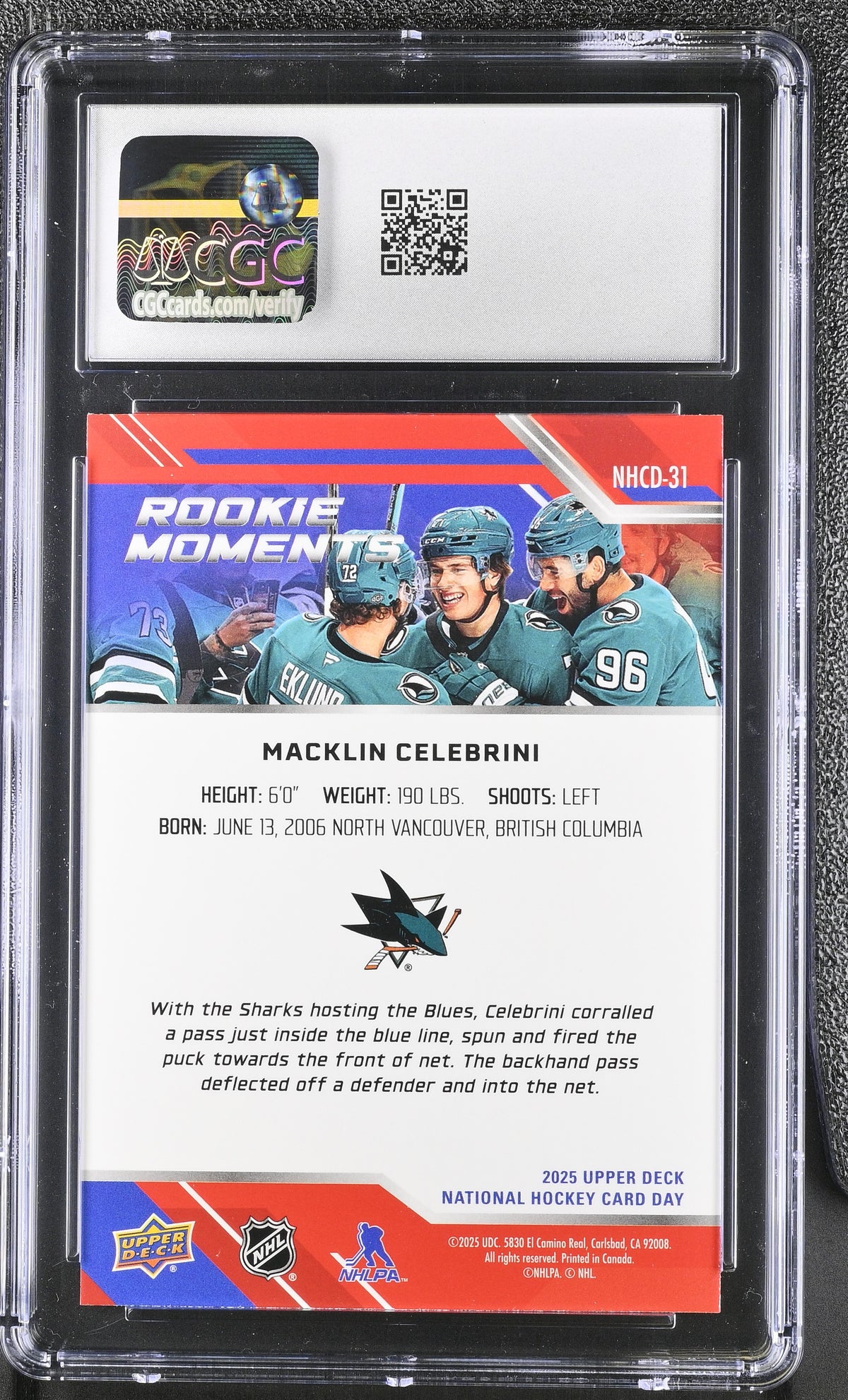 2025 UD Nat'l Hockey Card Day Macklin Celebrini #NHCD-31 CGC 10 San Jose Sharks