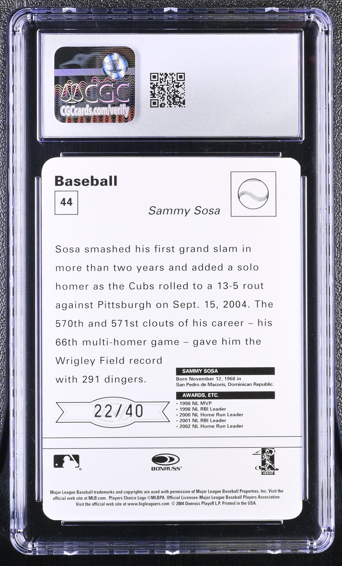 2005 Leaf Sportscasters Sammy Sosa Green - Batting - Bat /40 #44 CGC 9.5 Cubs
