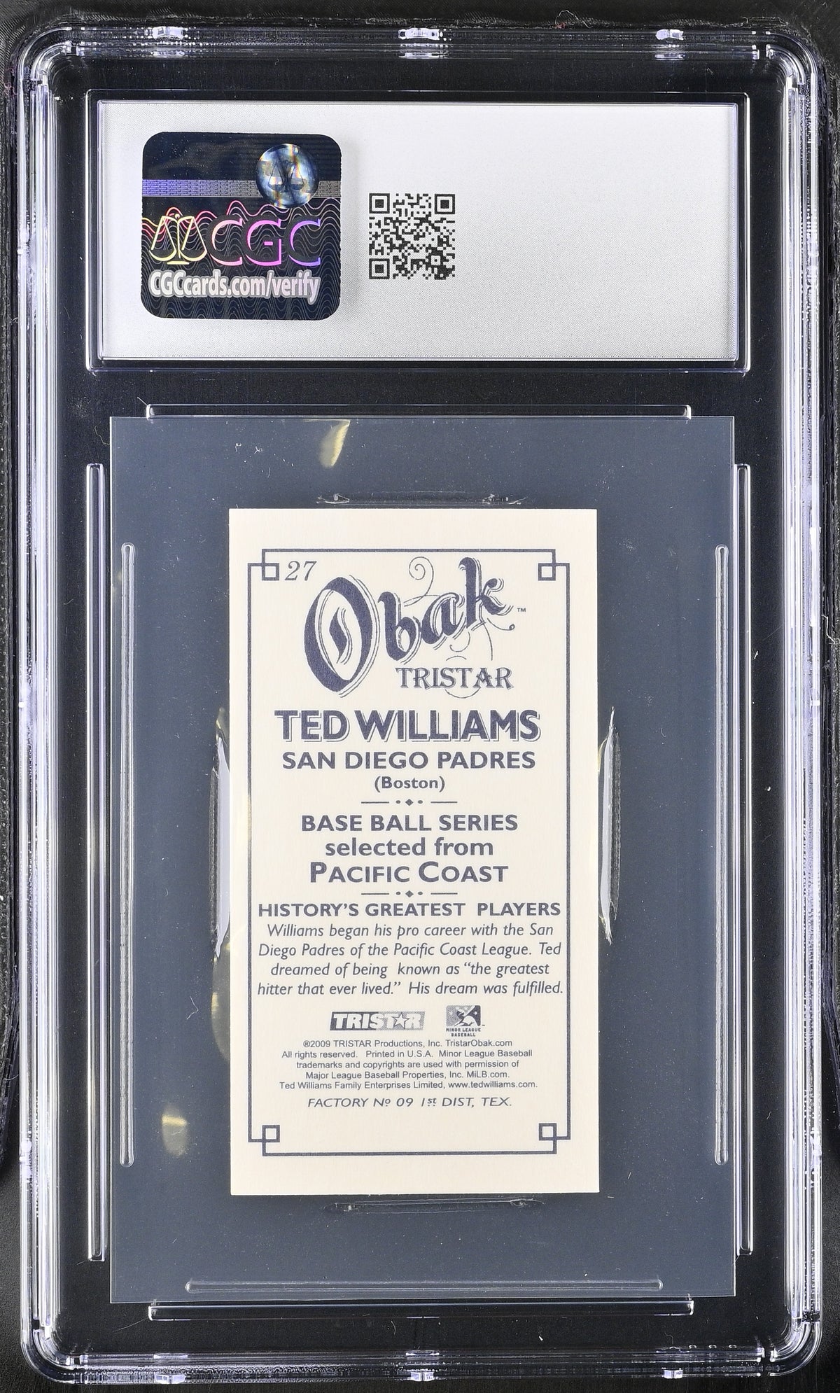 2009 Tristar Obak Ted Williams T-212 Mini #27 CGC 10 San Diego Padres