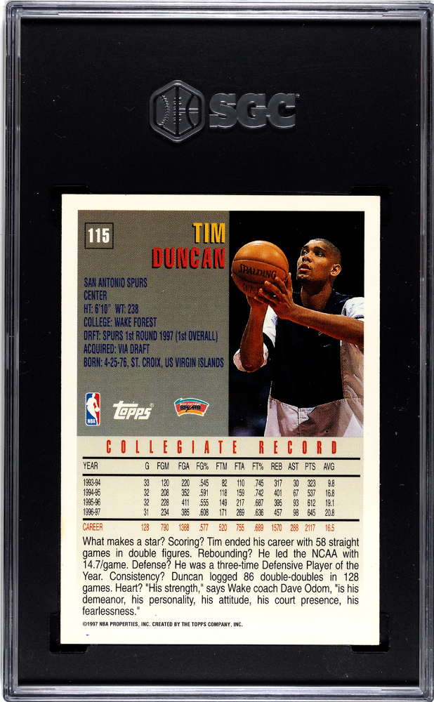 1997 Topps Tim Duncan #115 SGC 7.5