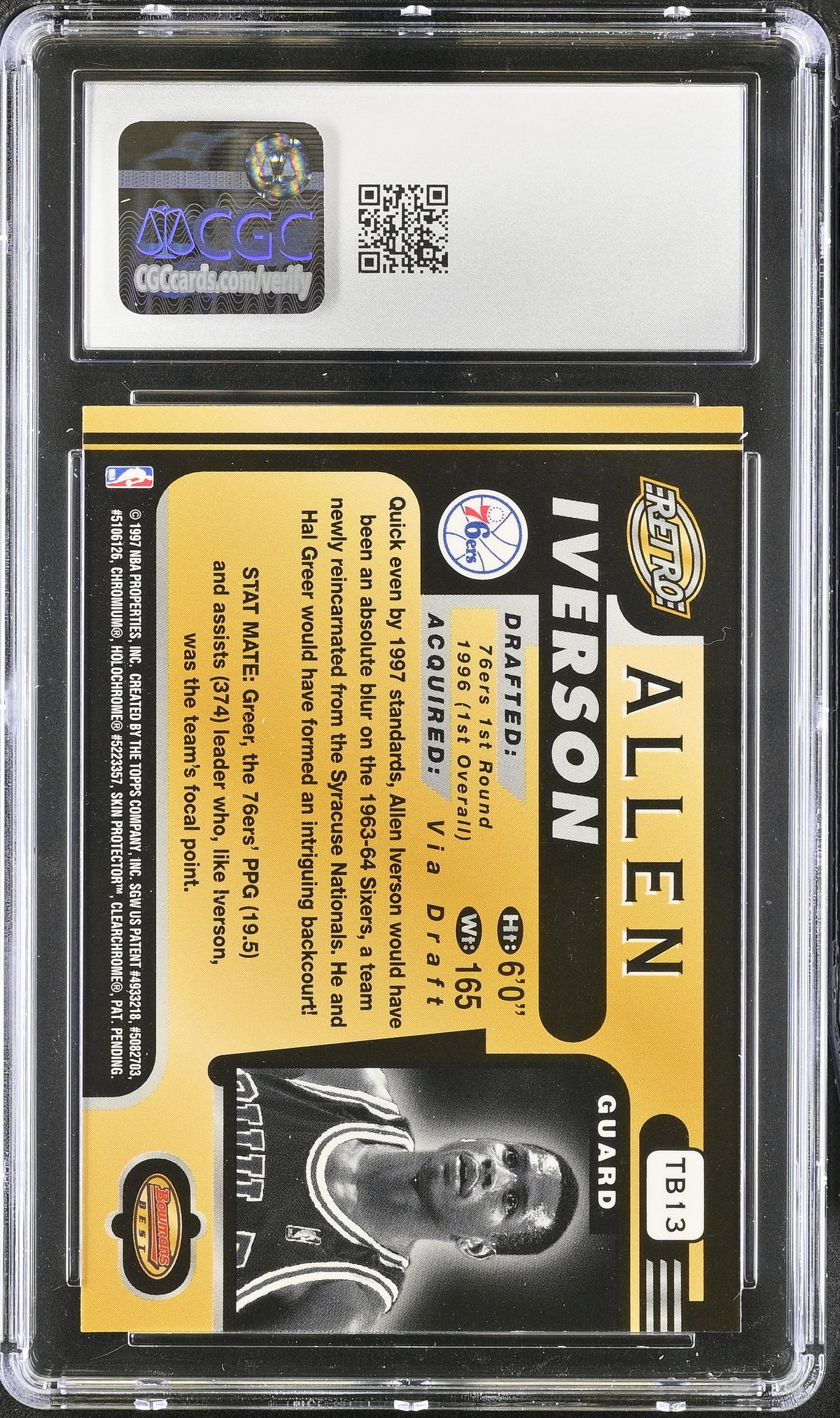 1996-97 Best Allen Iverson Rookie Retro #TB13 CGC 9 Philadelphia 76ers