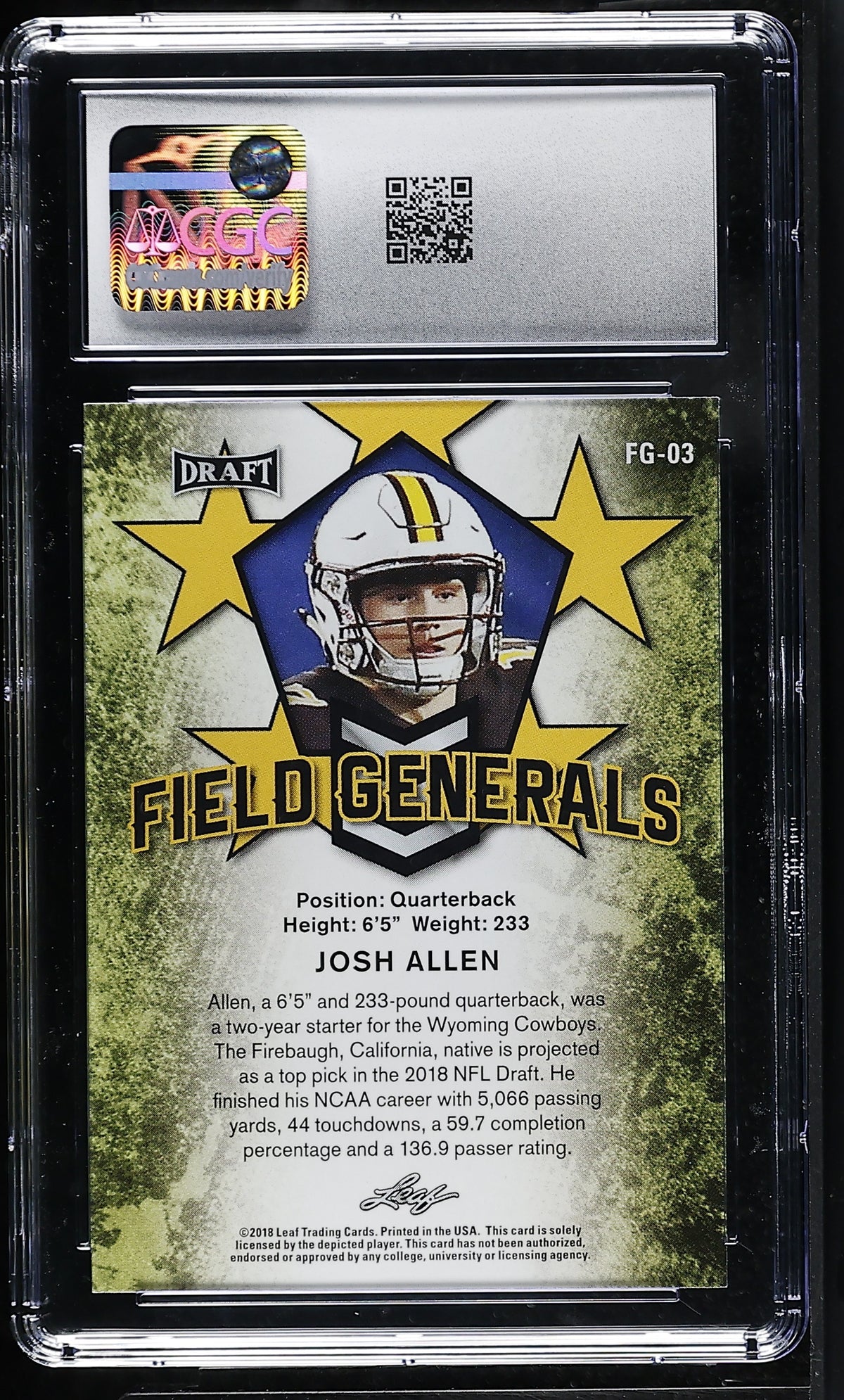2018 Leaf Draft Josh Allen Gold Rookie Field Generals #FG-03 CGC 9.5 Wyoming