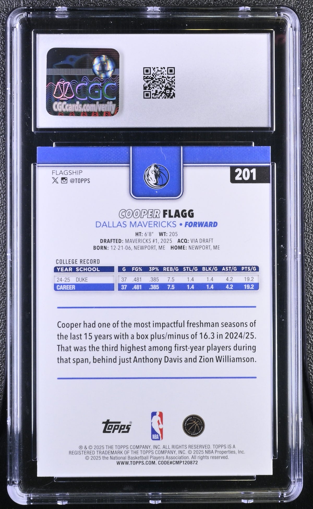 2025-26 Topps Cooper Flagg #201 CGC 9.5
