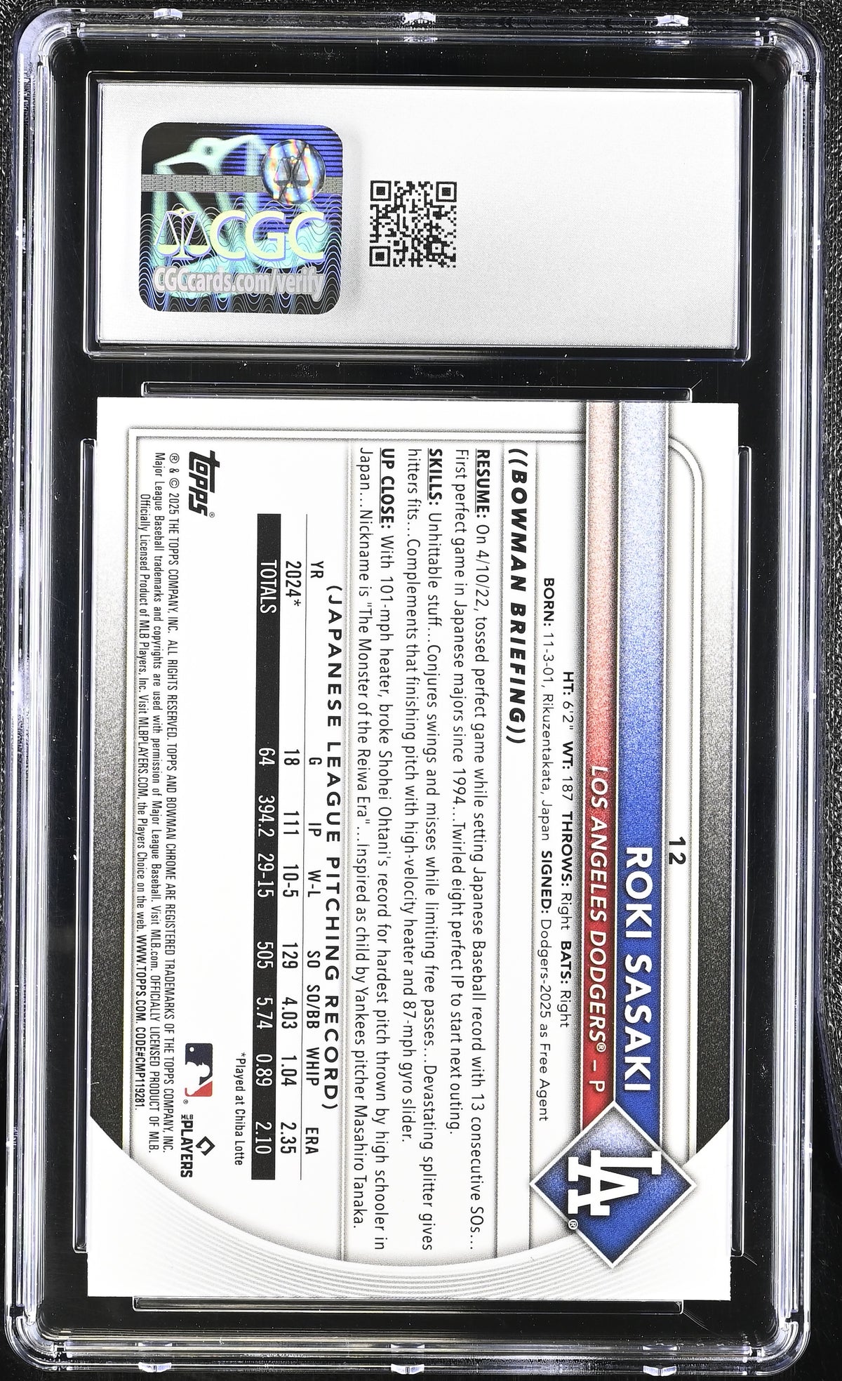 2025 Bowman Chrome Roki Sasaki Red Rookie Redemption #12 CGC 10 Dodgers