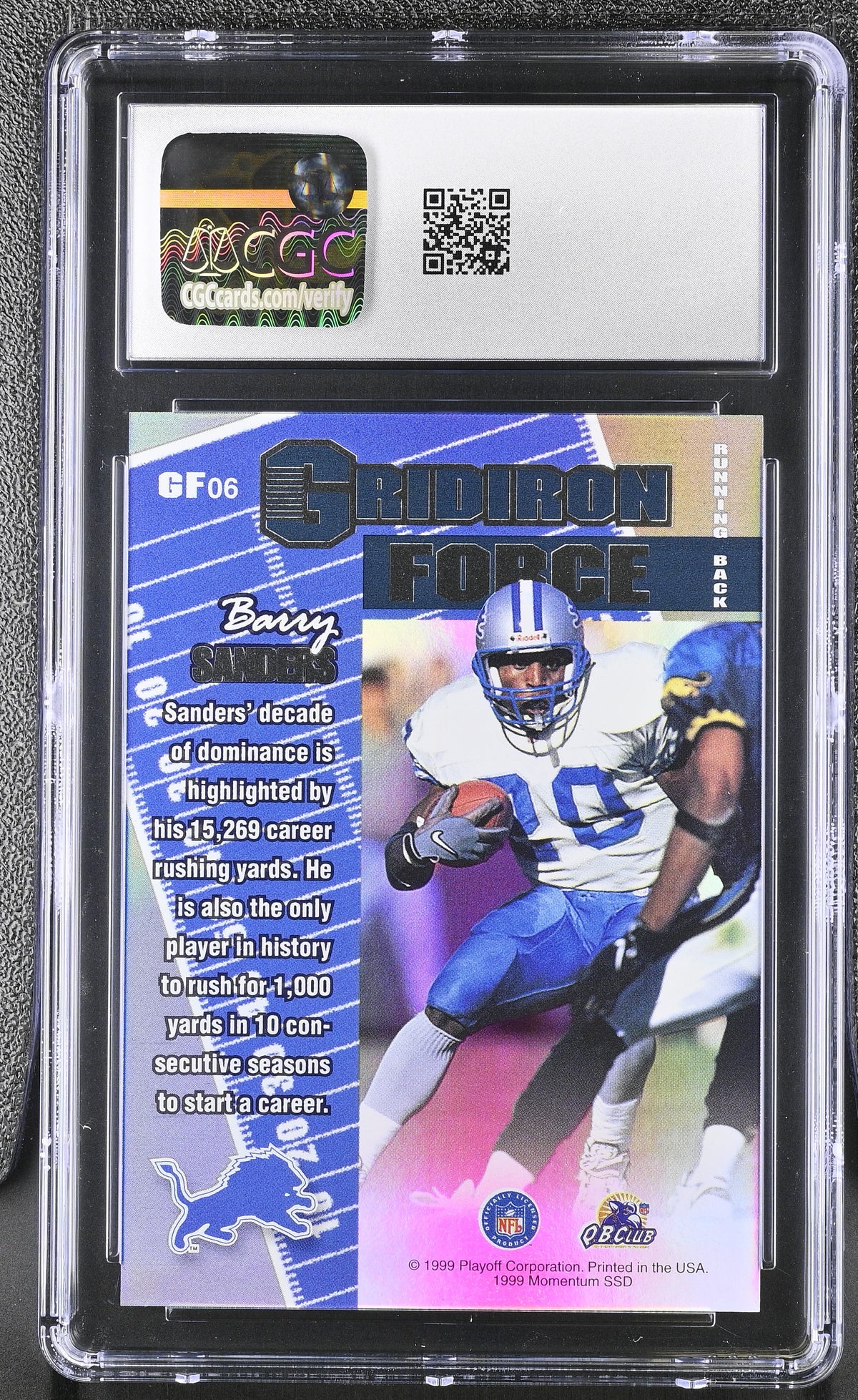 1999 Playoff Momentum SSD Barry Sanders Gridiron Force #GF06 CGC 10 Lions